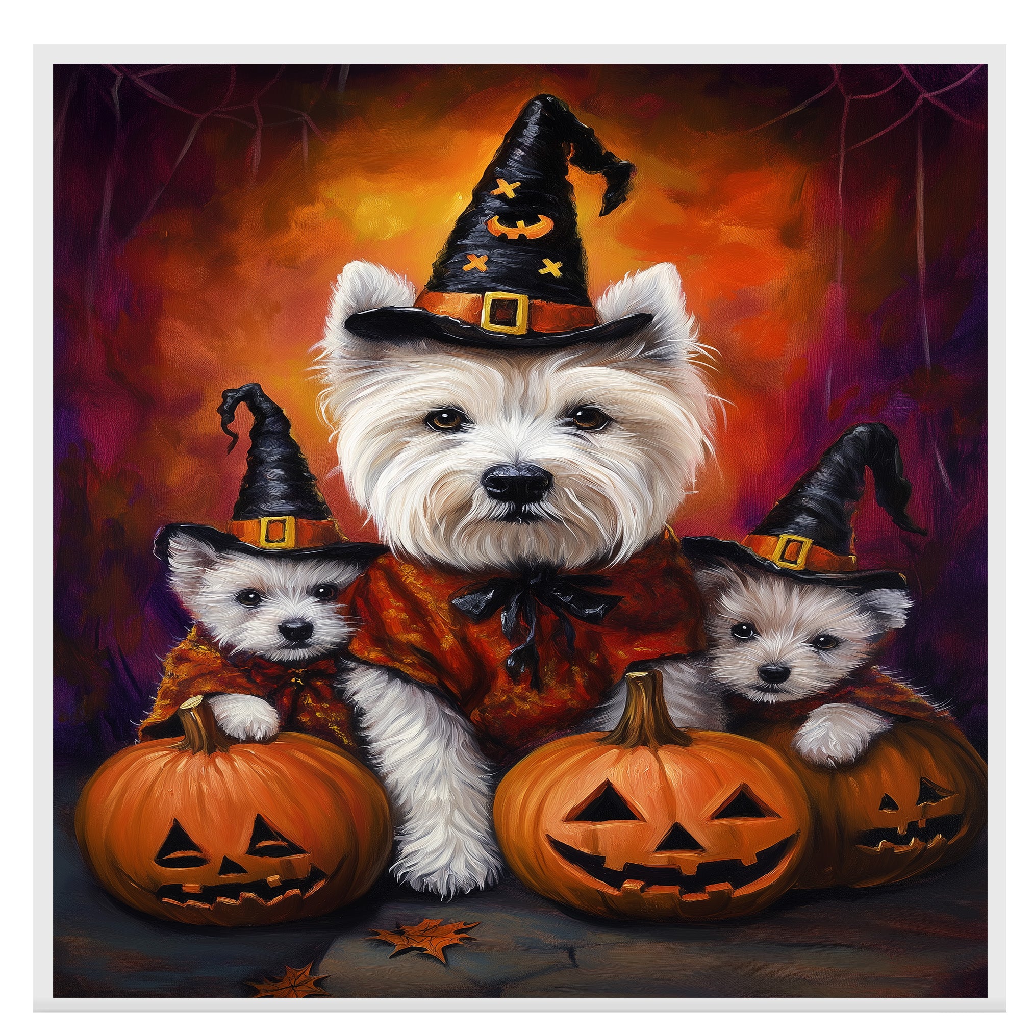 West Highland Terrier Dog Halloween Wall Art Rustic Fall Canvas with Pumpkins Witch Hats and Autumn Leaves Farmhouse Pet Decor for Home and Dog Lovers on Ready to Hang 1.5" Thick Canvas Wrap, Floating Framed Canvas, Flat Rolled Canvas