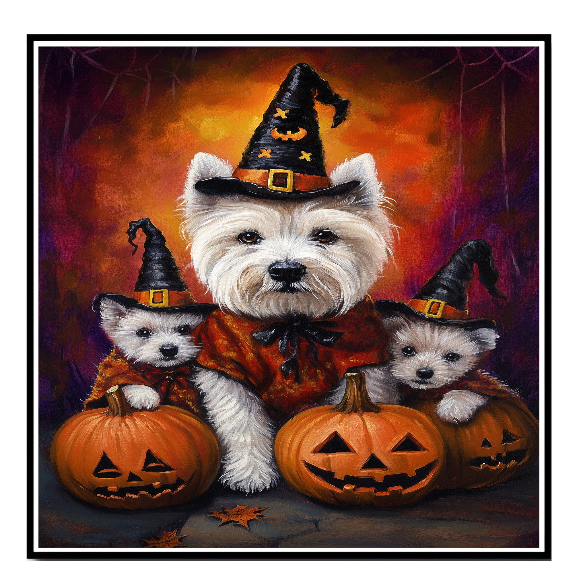 West Highland Terrier Dog Halloween Wall Art Rustic Fall Canvas with Pumpkins Witch Hats and Autumn Leaves Farmhouse Pet Decor for Home and Dog Lovers on Ready to Hang 1.5" Thick Canvas Wrap, Floating Framed Canvas, Flat Rolled Canvas