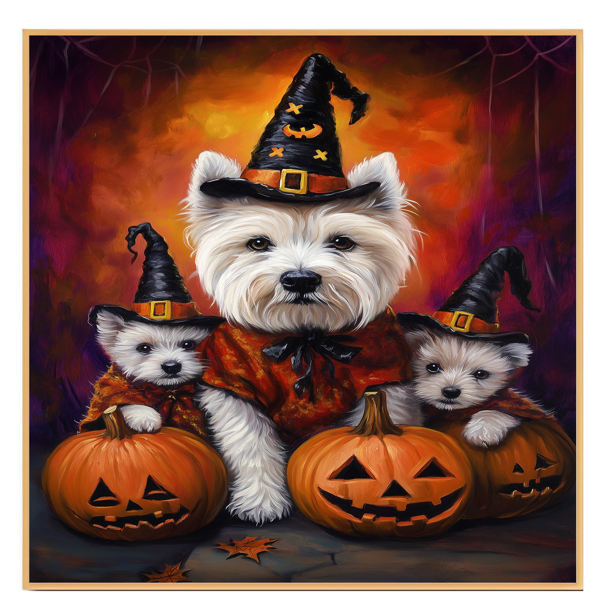 West Highland Terrier Dog Halloween Wall Art Rustic Fall Canvas with Pumpkins Witch Hats and Autumn Leaves Farmhouse Pet Decor for Home and Dog Lovers on Ready to Hang 1.5" Thick Canvas Wrap, Floating Framed Canvas, Flat Rolled Canvas