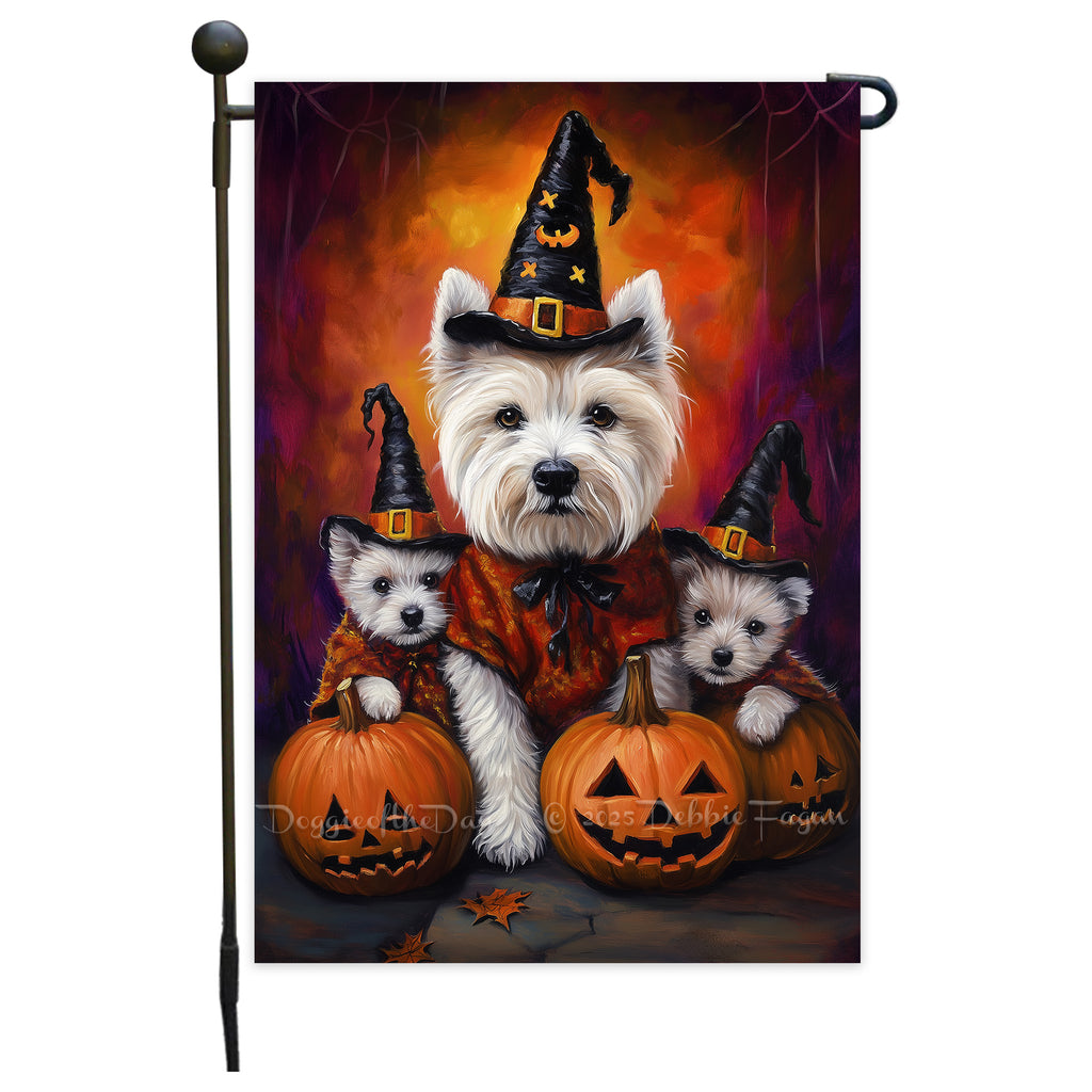 West Highland Terrier Halloween Garden Flag with Pumpkin Witch Hat