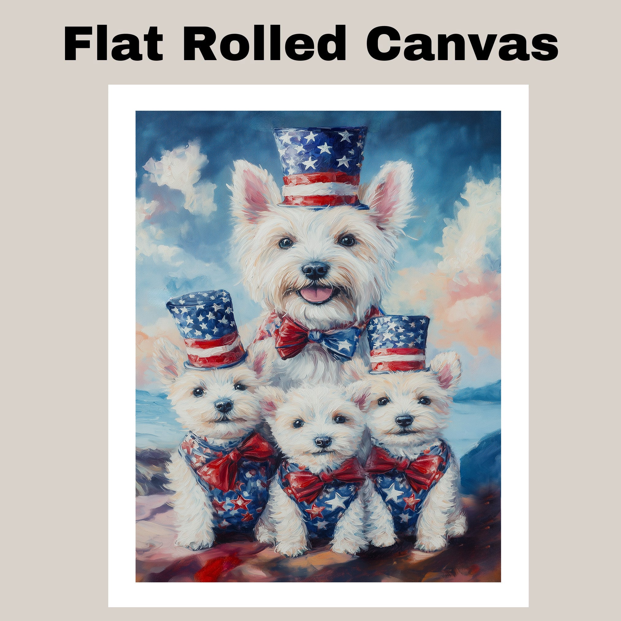 Westie Dog Family in Patriotic Outfits with American Flag Hats and Bows by the Water for Fourth of July Celebration on Ready to Hang 1.5" Thick Canvas Wrap, Floating Framed Canvas, Flat Rolled Canvas