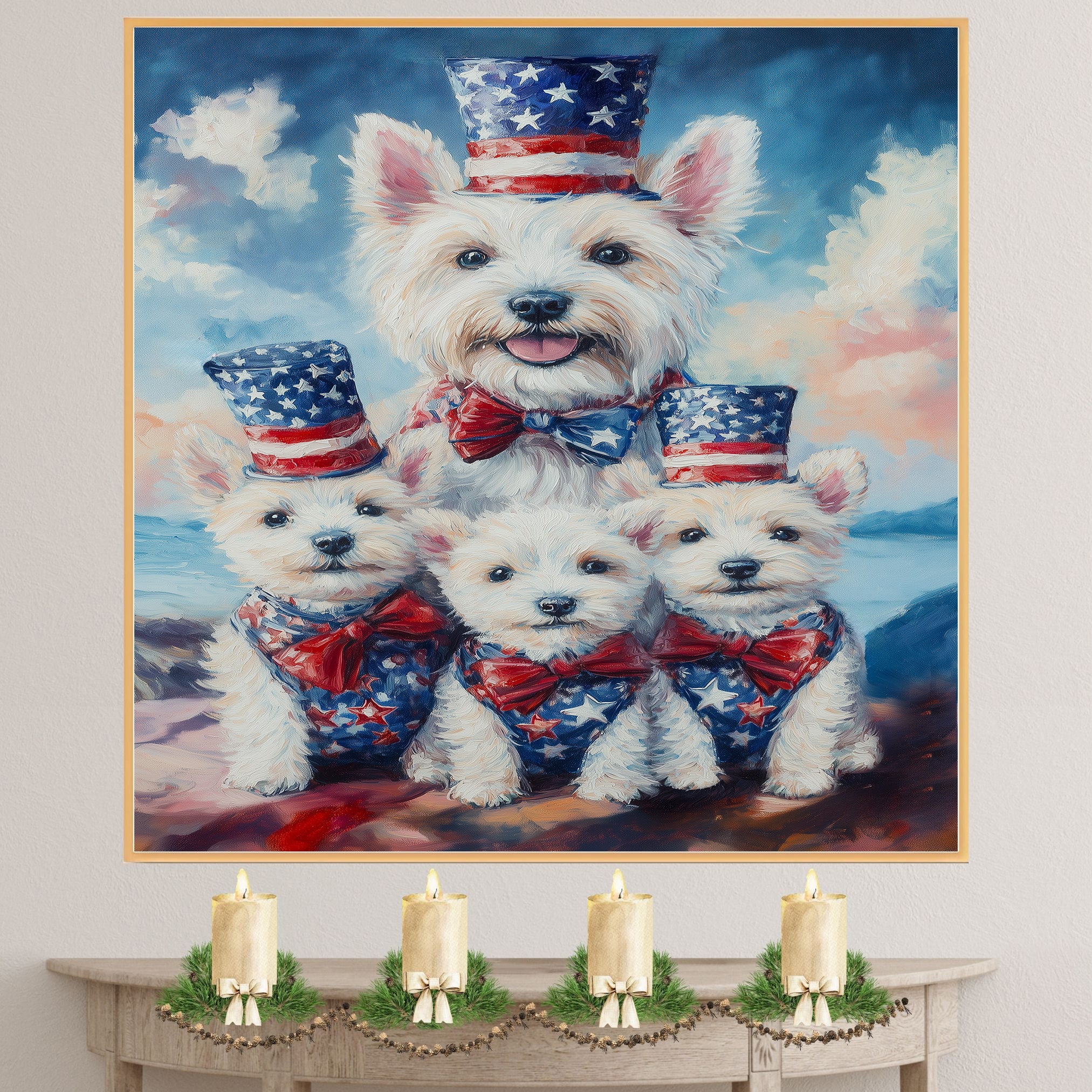Westie Dog Family in Patriotic Outfits with American Flag Hats and Bows by the Water for Fourth of July Celebration on Ready to Hang 1.5" Thick Canvas Wrap, Floating Framed Canvas, Flat Rolled Canvas