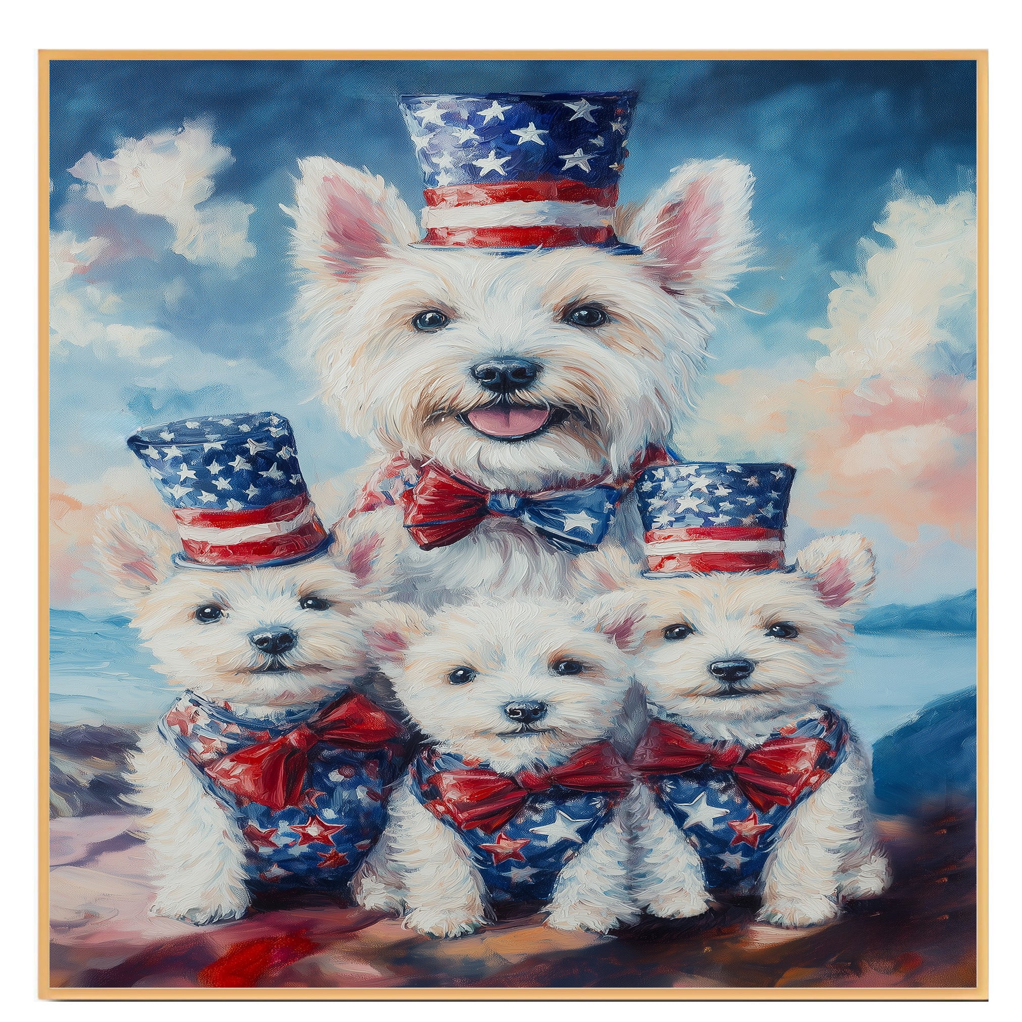 Westie Dog Family in Patriotic Outfits with American Flag Hats and Bows by the Water for Fourth of July Celebration on Ready to Hang 1.5" Thick Canvas Wrap, Floating Framed Canvas, Flat Rolled Canvas