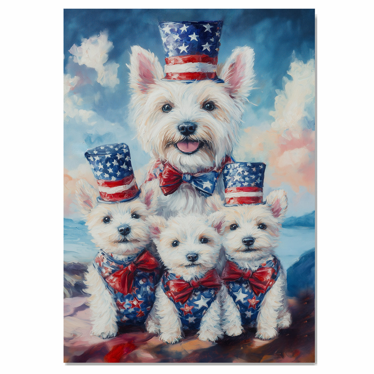 Westie Dog Family in Patriotic Outfits with American Flag Hats and Bows by the Water for Fourth of July Celebration on Ready to Hang 1.5" Thick Canvas Wrap, Floating Framed Canvas, Flat Rolled Canvas