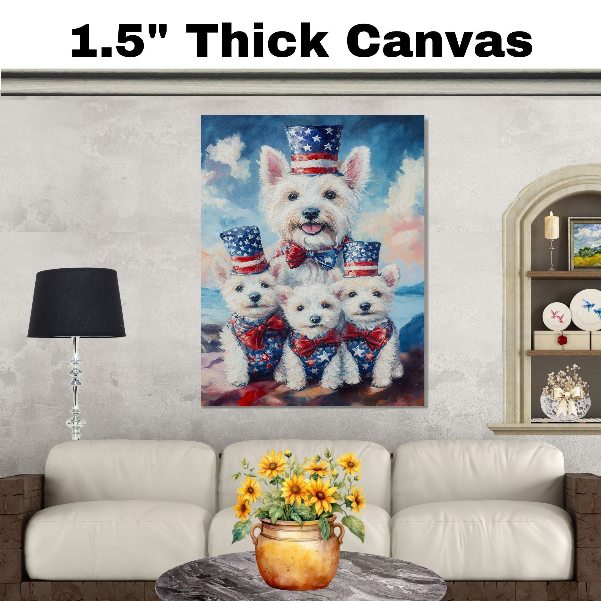 Westie Dog Family in Patriotic Outfits with American Flag Hats and Bows by the Water for Fourth of July Celebration on Ready to Hang 1.5" Thick Canvas Wrap, Floating Framed Canvas, Flat Rolled Canvas
