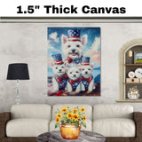 Westie Dog Family in Patriotic Outfits with American Flag Hats and Bows by the Water for Fourth of July Celebration on Ready to Hang 1.5" Thick Canvas Wrap, Floating Framed Canvas, Flat Rolled Canvas