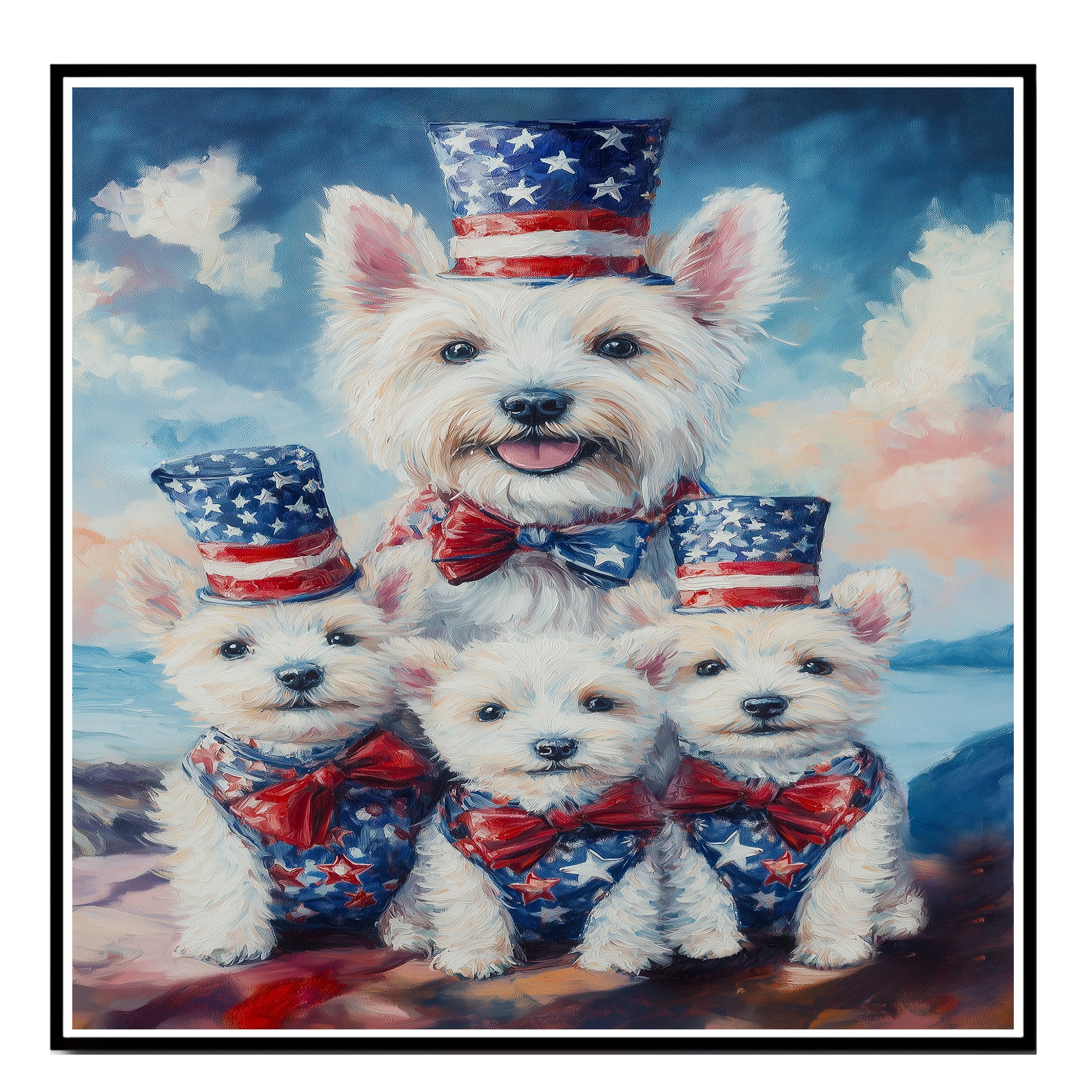 Westie Dog Family in Patriotic Outfits with American Flag Hats and Bows by the Water for Fourth of July Celebration on Ready to Hang 1.5" Thick Canvas Wrap, Floating Framed Canvas, Flat Rolled Canvas