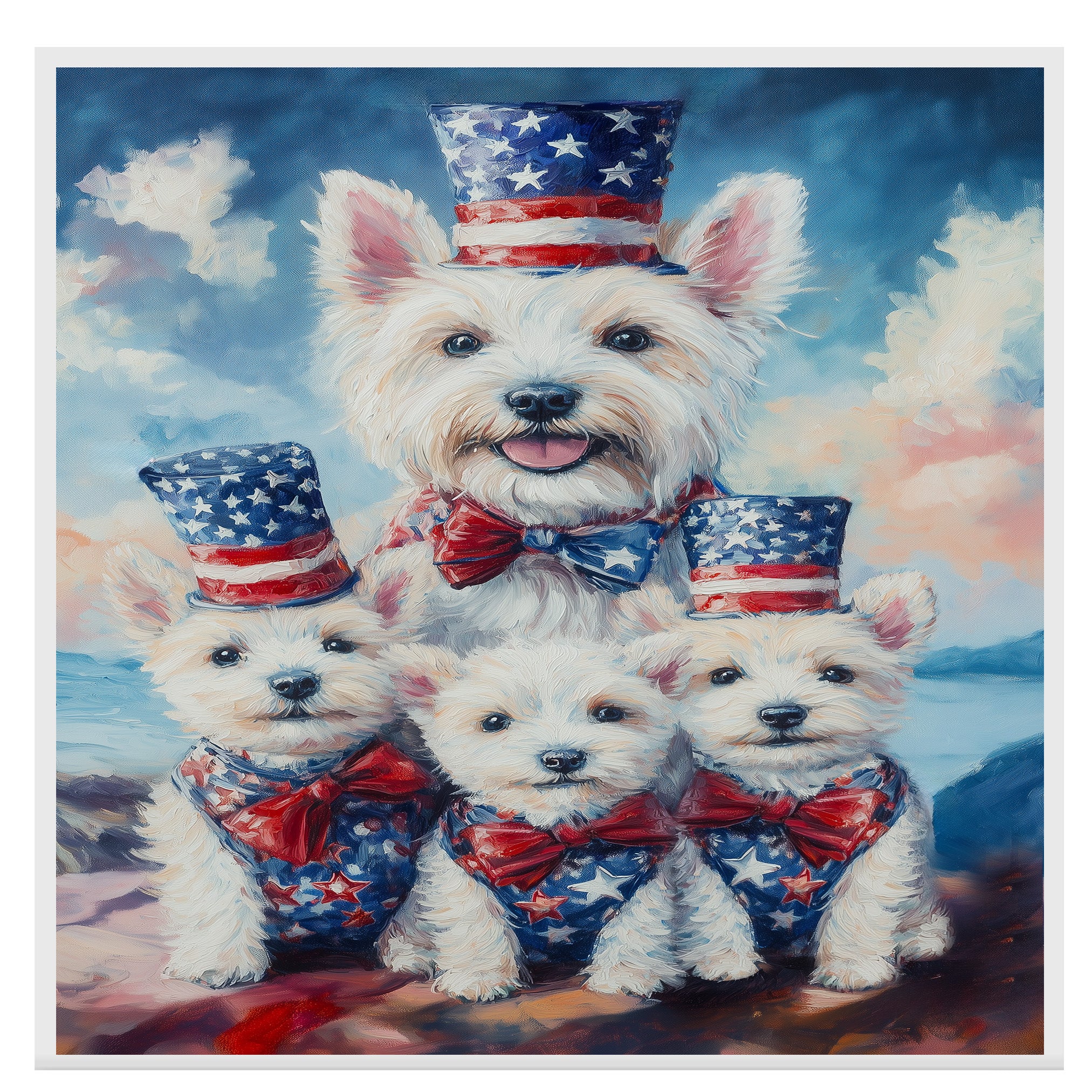 Westie Dog Family in Patriotic Outfits with American Flag Hats and Bows by the Water for Fourth of July Celebration on Ready to Hang 1.5" Thick Canvas Wrap, Floating Framed Canvas, Flat Rolled Canvas
