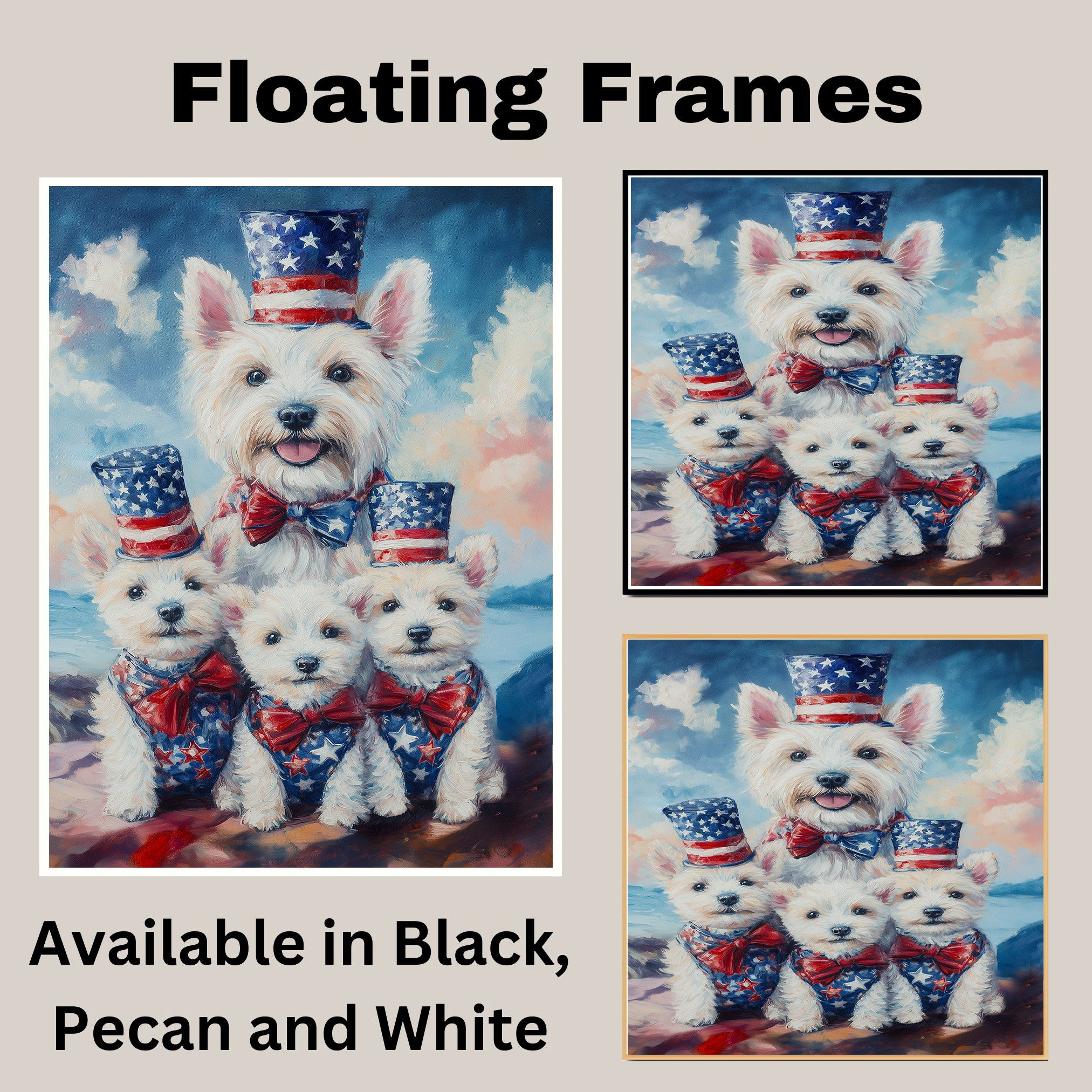 Westie Dog Family in Patriotic Outfits with American Flag Hats and Bows by the Water for Fourth of July Celebration on Ready to Hang 1.5" Thick Canvas Wrap, Floating Framed Canvas, Flat Rolled Canvas