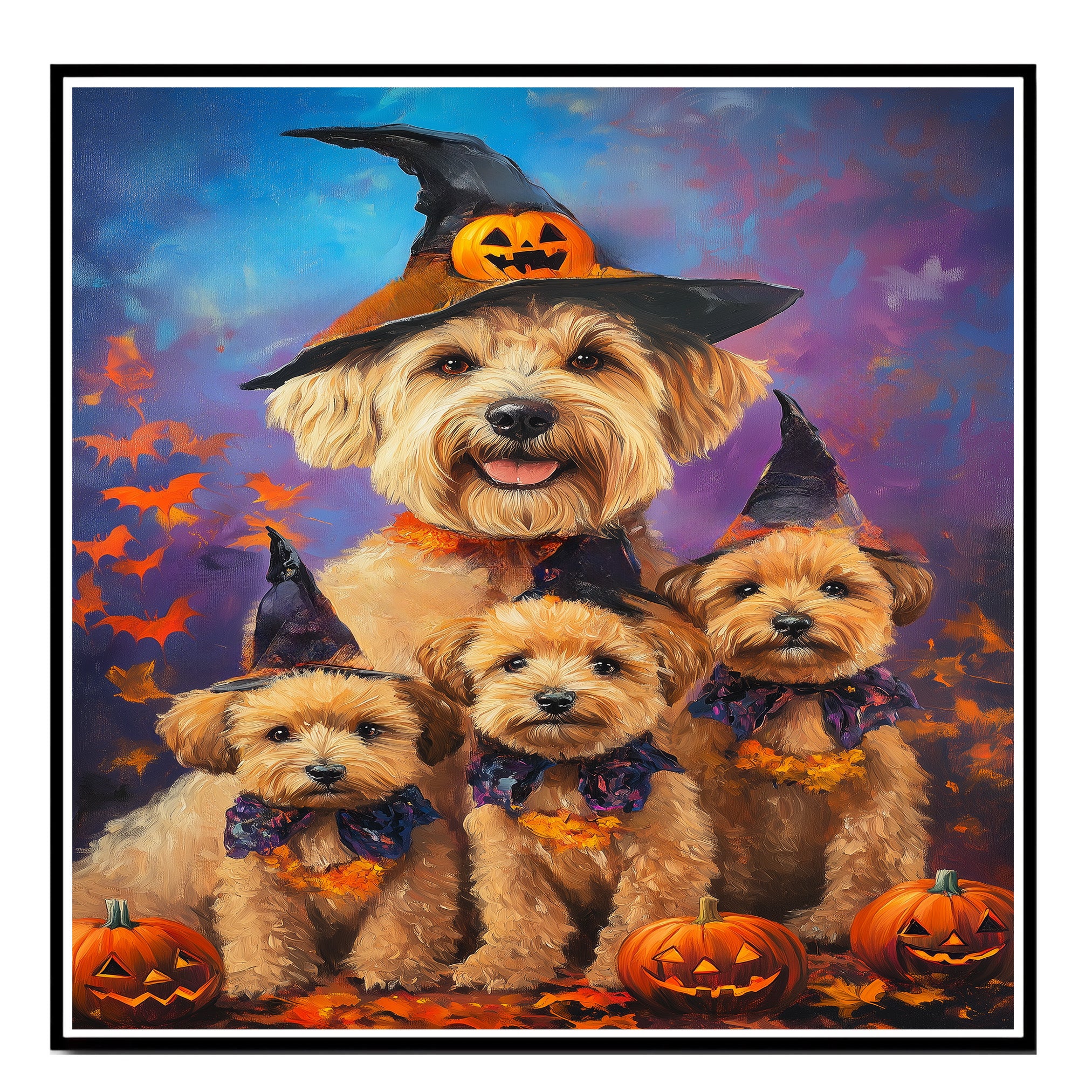 Wheaten Terrier Dog Halloween Wall Art Rustic Fall Canvas with Pumpkins Witch Hats and Autumn Leaves Farmhouse Pet Decor on Ready to Hang 1.5" Thick Canvas Wrap, Floating Framed Canvas, Flat Rolled Canvas
