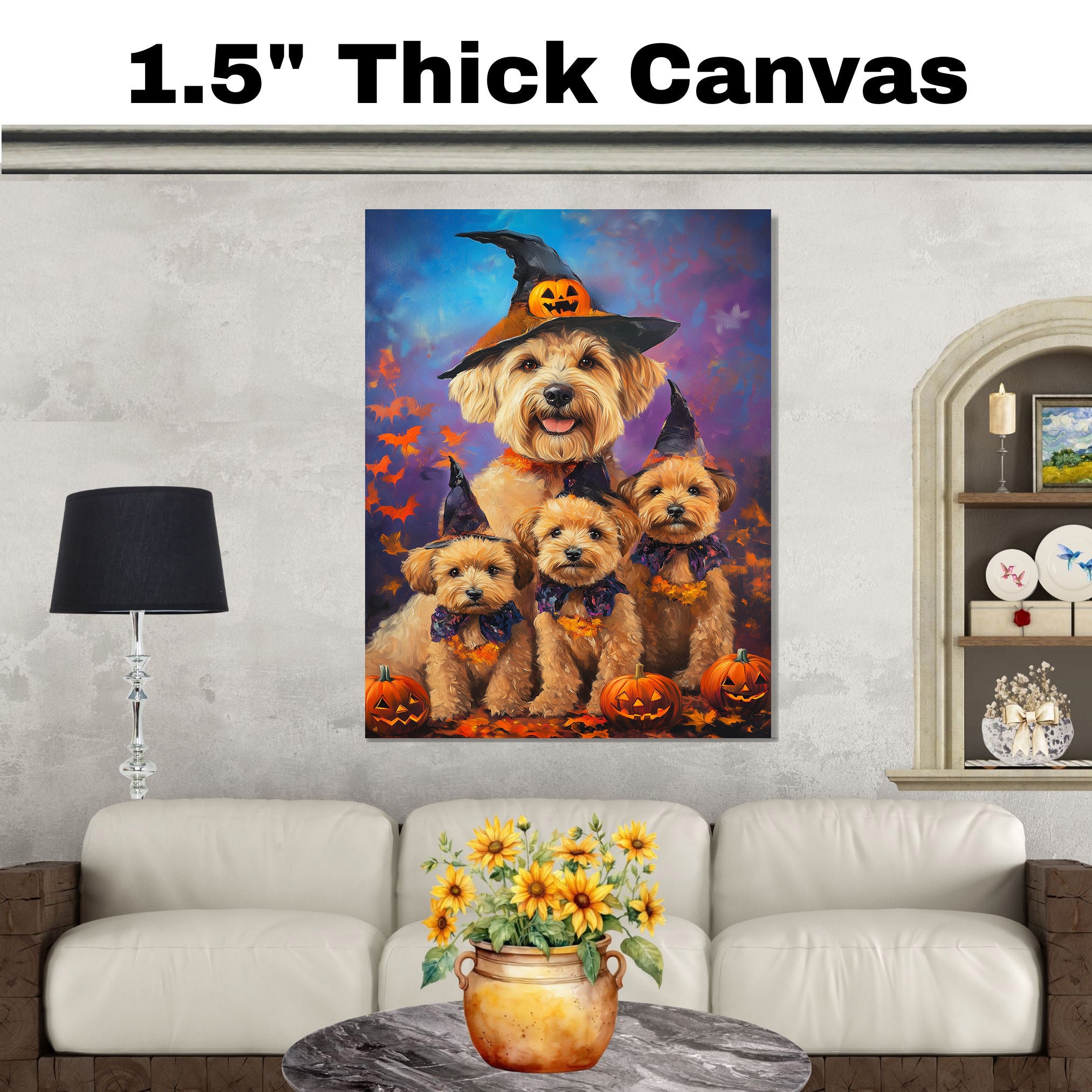 Wheaten Terrier Dog Halloween Wall Art Rustic Fall Canvas with Pumpkins Witch Hats and Autumn Leaves Farmhouse Pet Decor on Ready to Hang 1.5" Thick Canvas Wrap, Floating Framed Canvas, Flat Rolled Canvas