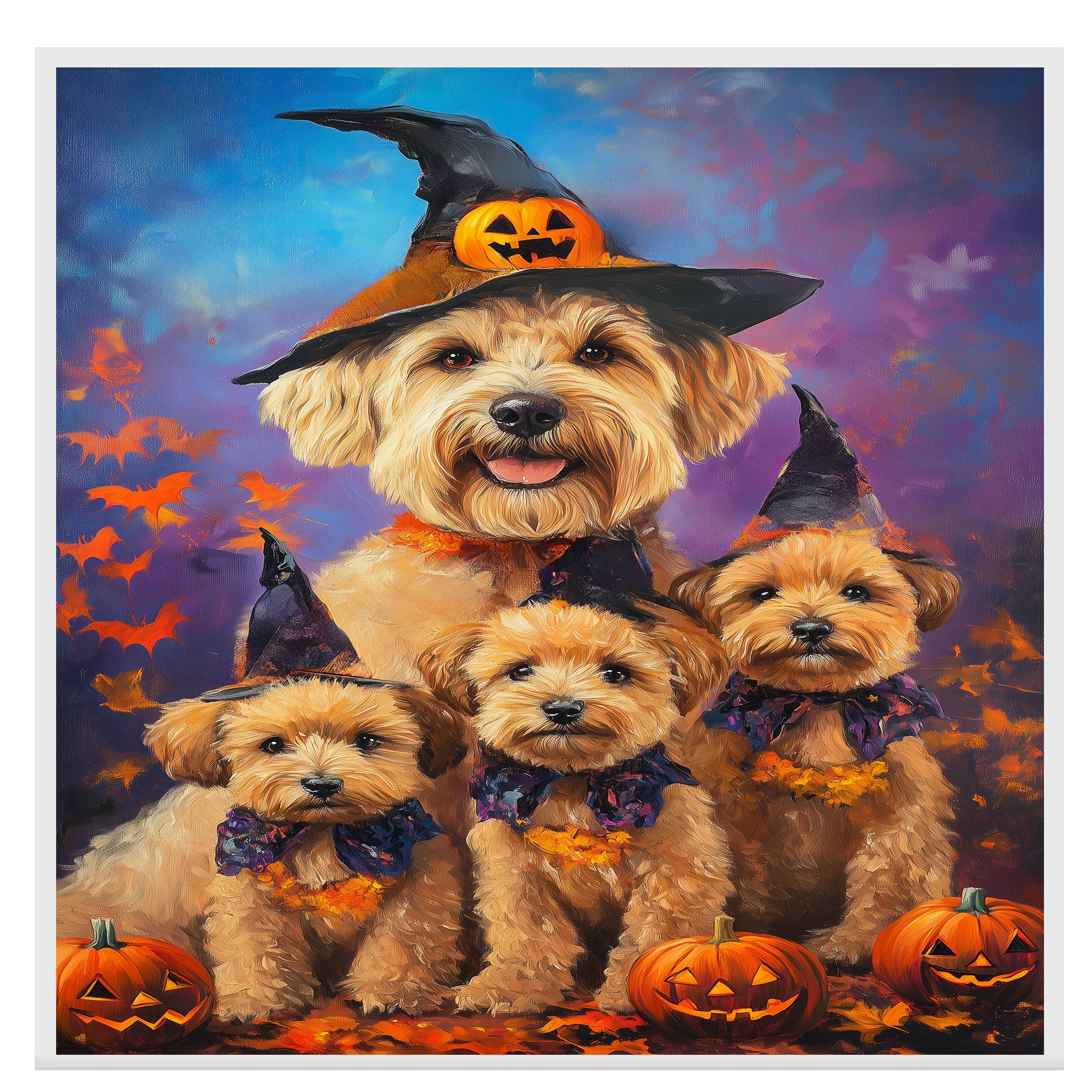 Wheaten Terrier Dog Halloween Wall Art Rustic Fall Canvas with Pumpkins Witch Hats and Autumn Leaves Farmhouse Pet Decor on Ready to Hang 1.5" Thick Canvas Wrap, Floating Framed Canvas, Flat Rolled Canvas