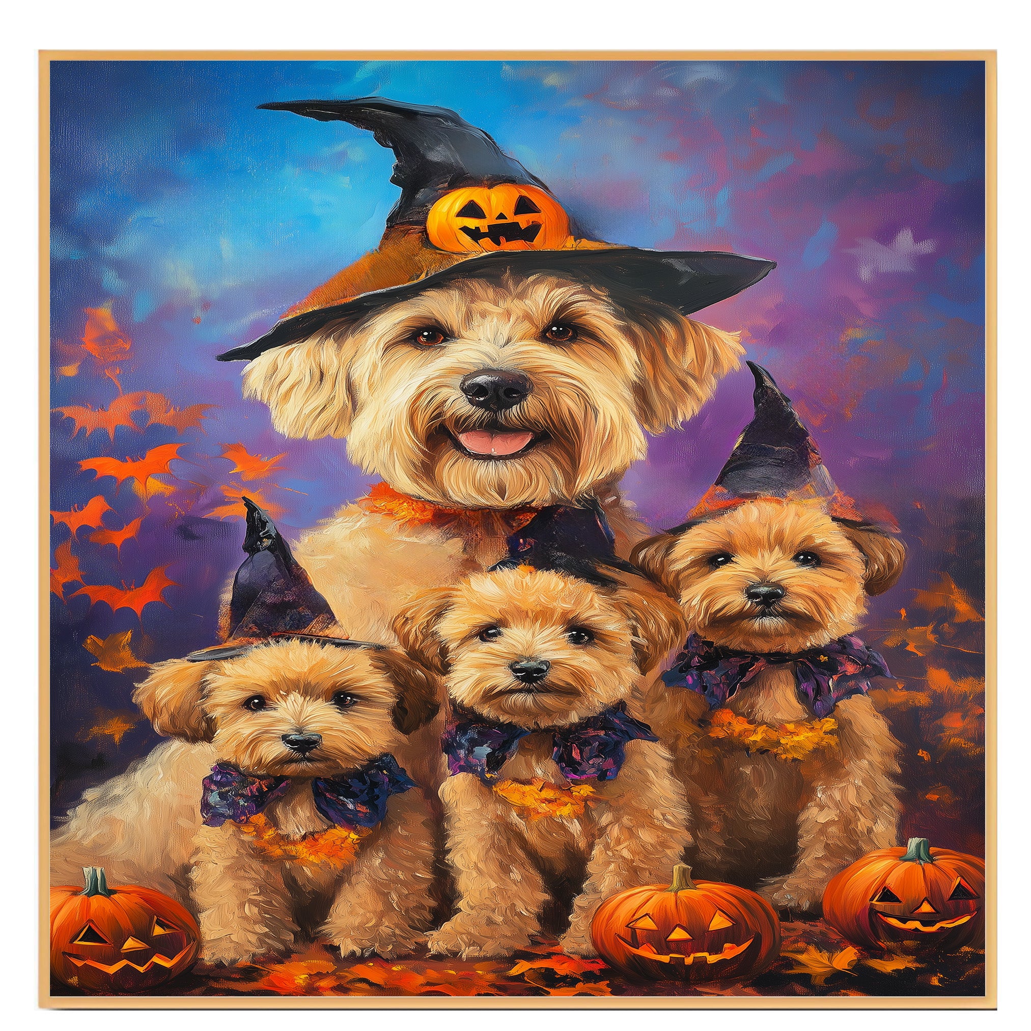 Wheaten Terrier Dog Halloween Wall Art Rustic Fall Canvas with Pumpkins Witch Hats and Autumn Leaves Farmhouse Pet Decor on Ready to Hang 1.5" Thick Canvas Wrap, Floating Framed Canvas, Flat Rolled Canvas
