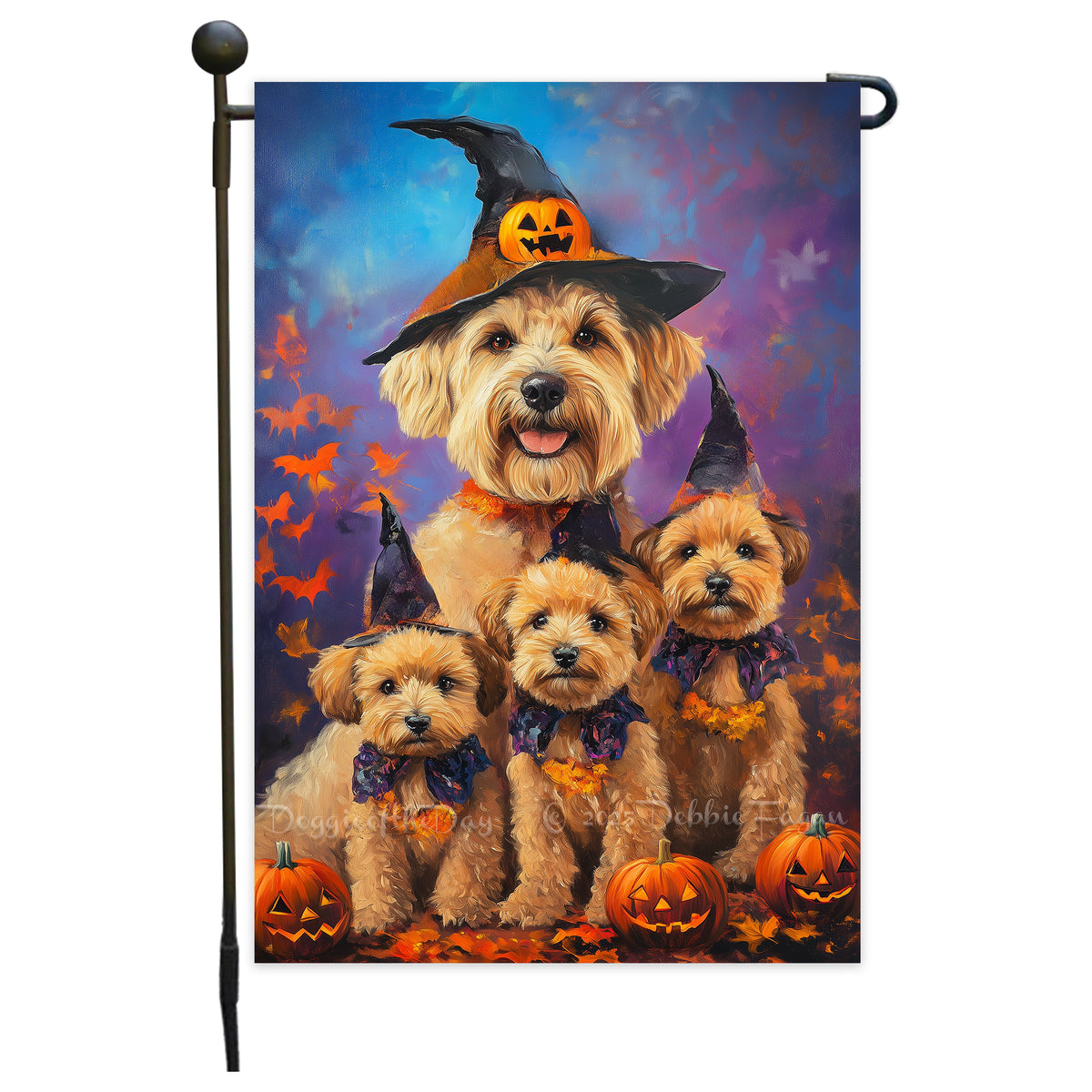 Wheaten Terrier Witch Hat Garden Flag with Pumpkin Maple Leaves Design Fall Outdoor Banner Holiday Yard Decoration for Porch Lawn Garden Party Display Sign Gifts