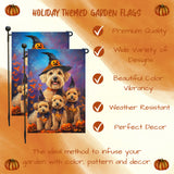 Wheaten Terrier Witch Hat Garden Flag with Pumpkin Maple Leaves Design Fall Outdoor Banner Holiday Yard Decoration for Porch Lawn Garden Party Display Sign Gifts