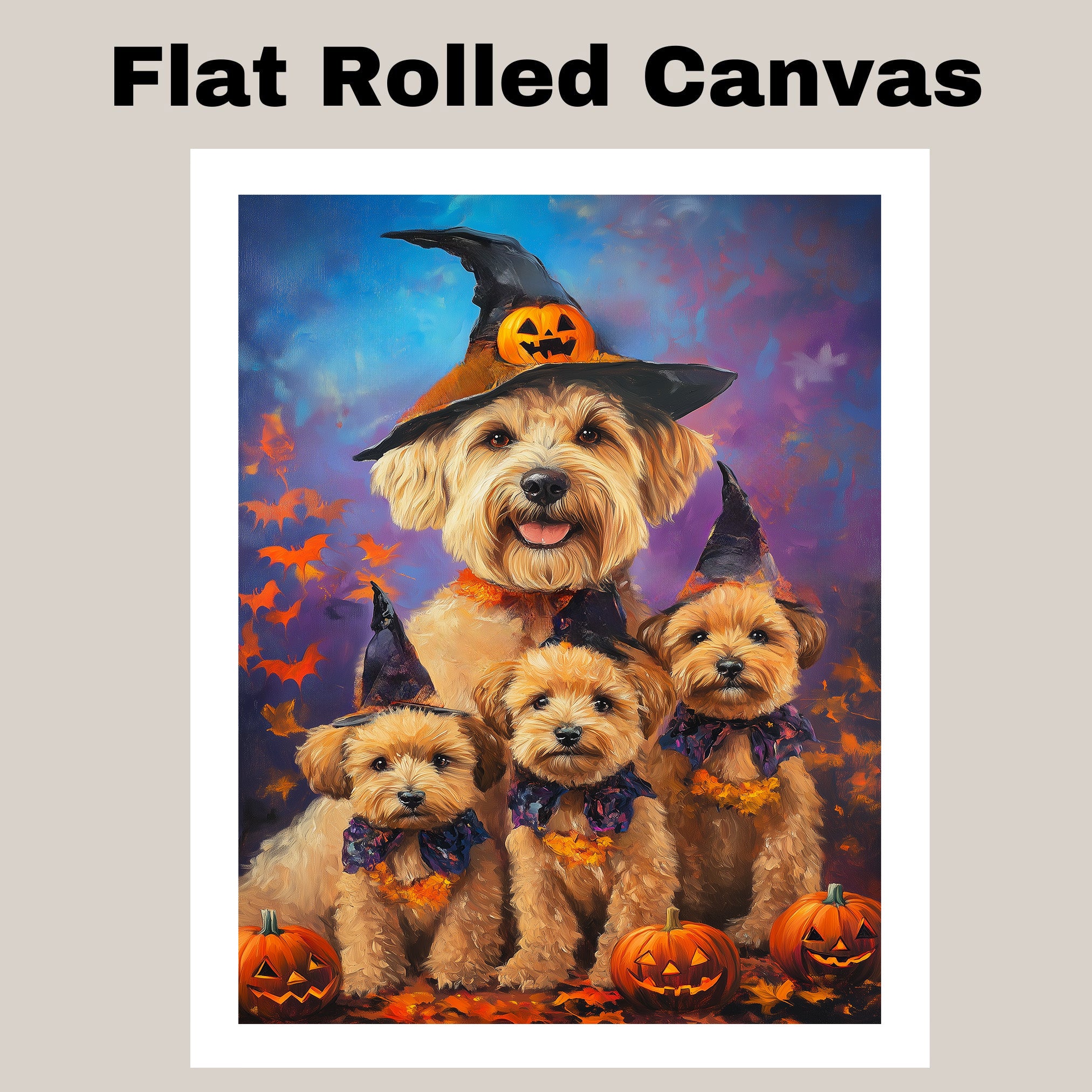 Wheaten Terrier Dog Halloween Wall Art Rustic Fall Canvas with Pumpkins Witch Hats and Autumn Leaves Farmhouse Pet Decor on Ready to Hang 1.5" Thick Canvas Wrap, Floating Framed Canvas, Flat Rolled Canvas