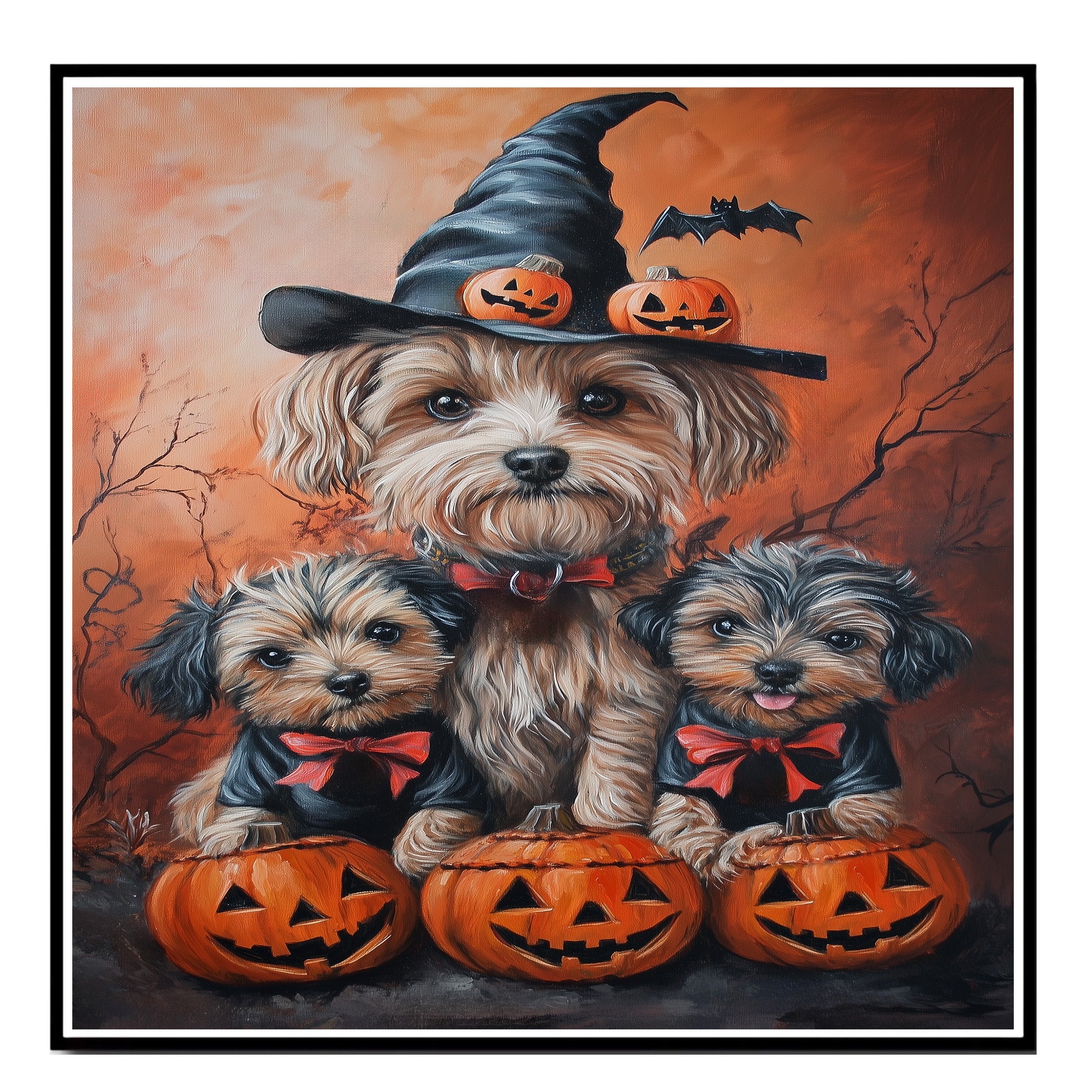 orkipoo Dog Halloween Wall Art Rustic Fall Canvas with Pumpkins Witch Hats and Bats Autumn Farmhouse Pet Decor for Living Room on Ready to Hang 1.5" Thick Canvas Wrap, Floating Framed Canvas, Flat Rolled Canvas