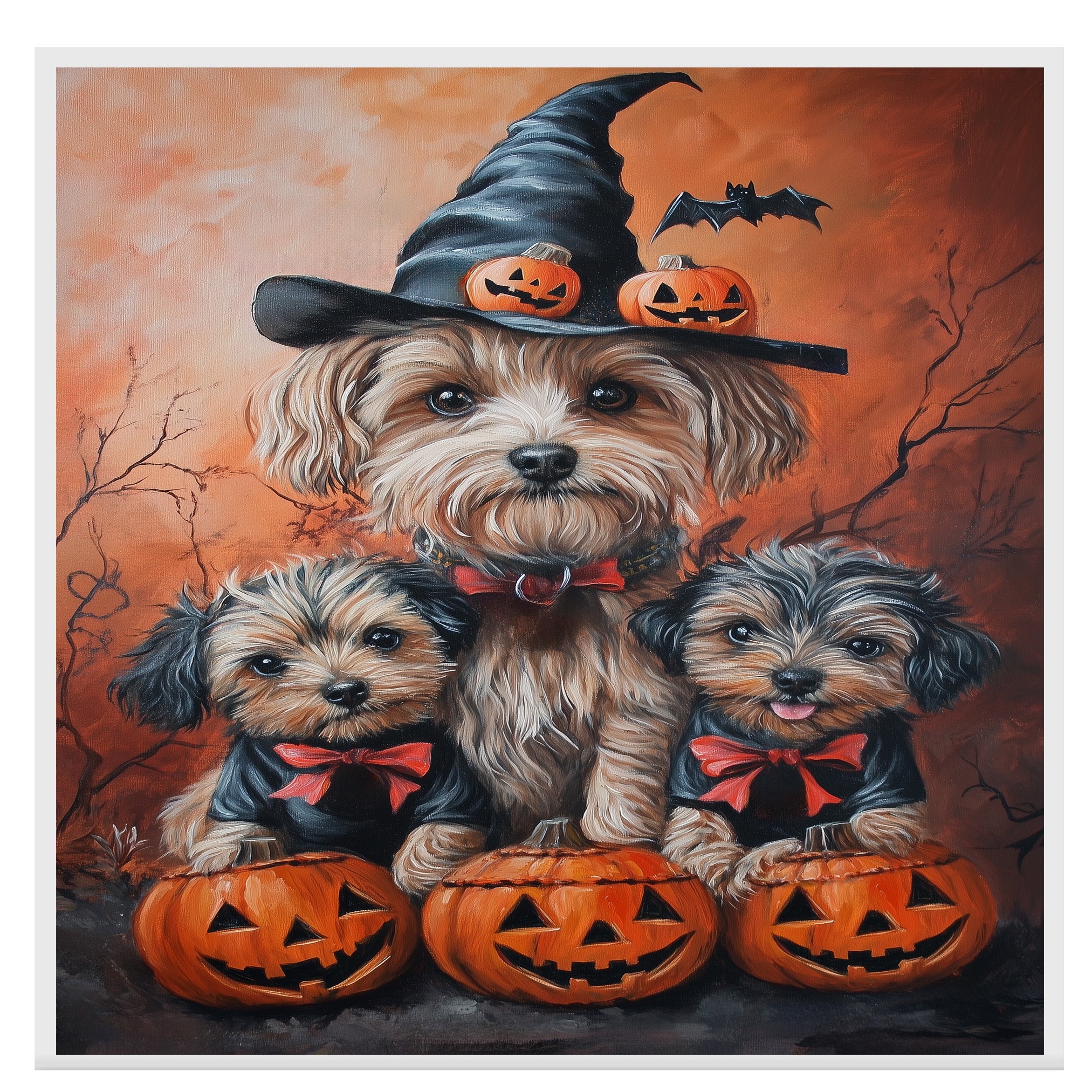 orkipoo Dog Halloween Wall Art Rustic Fall Canvas with Pumpkins Witch Hats and Bats Autumn Farmhouse Pet Decor for Living Room on Ready to Hang 1.5" Thick Canvas Wrap, Floating Framed Canvas, Flat Rolled Canvas