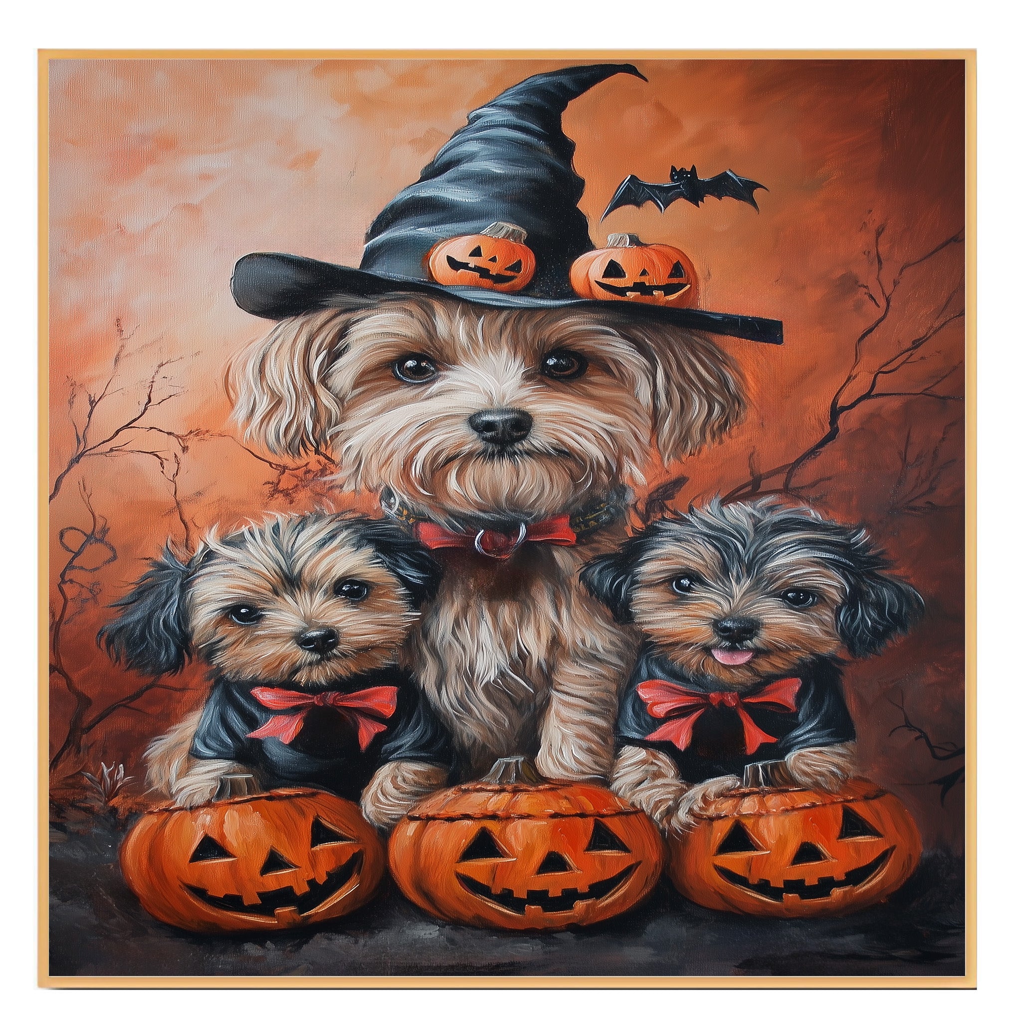 orkipoo Dog Halloween Wall Art Rustic Fall Canvas with Pumpkins Witch Hats and Bats Autumn Farmhouse Pet Decor for Living Room on Ready to Hang 1.5" Thick Canvas Wrap, Floating Framed Canvas, Flat Rolled Canvas