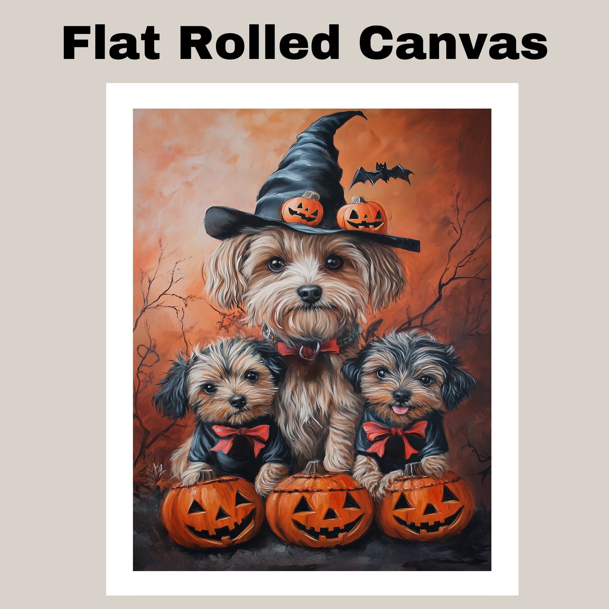 orkipoo Dog Halloween Wall Art Rustic Fall Canvas with Pumpkins Witch Hats and Bats Autumn Farmhouse Pet Decor for Living Room on Ready to Hang 1.5" Thick Canvas Wrap, Floating Framed Canvas, Flat Rolled Canvas