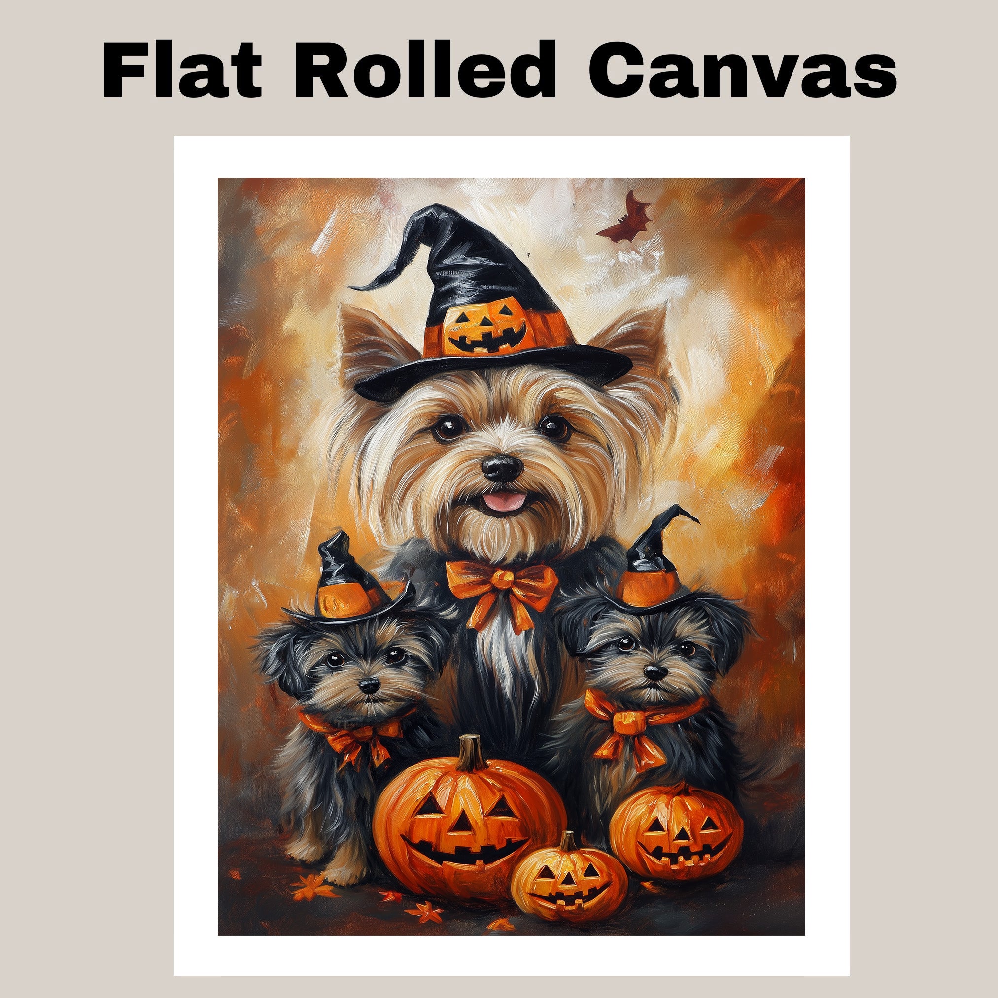 Yorkshire Terrier Dog Halloween Wall Art Rustic Fall Canvas with Pumpkins Witch Hats and Autumn Leaves Farmhouse Pet Decor for Living Room on Ready to Hang 1.5" Thick Canvas Wrap, Floating Framed Canvas, Flat Rolled Canvas