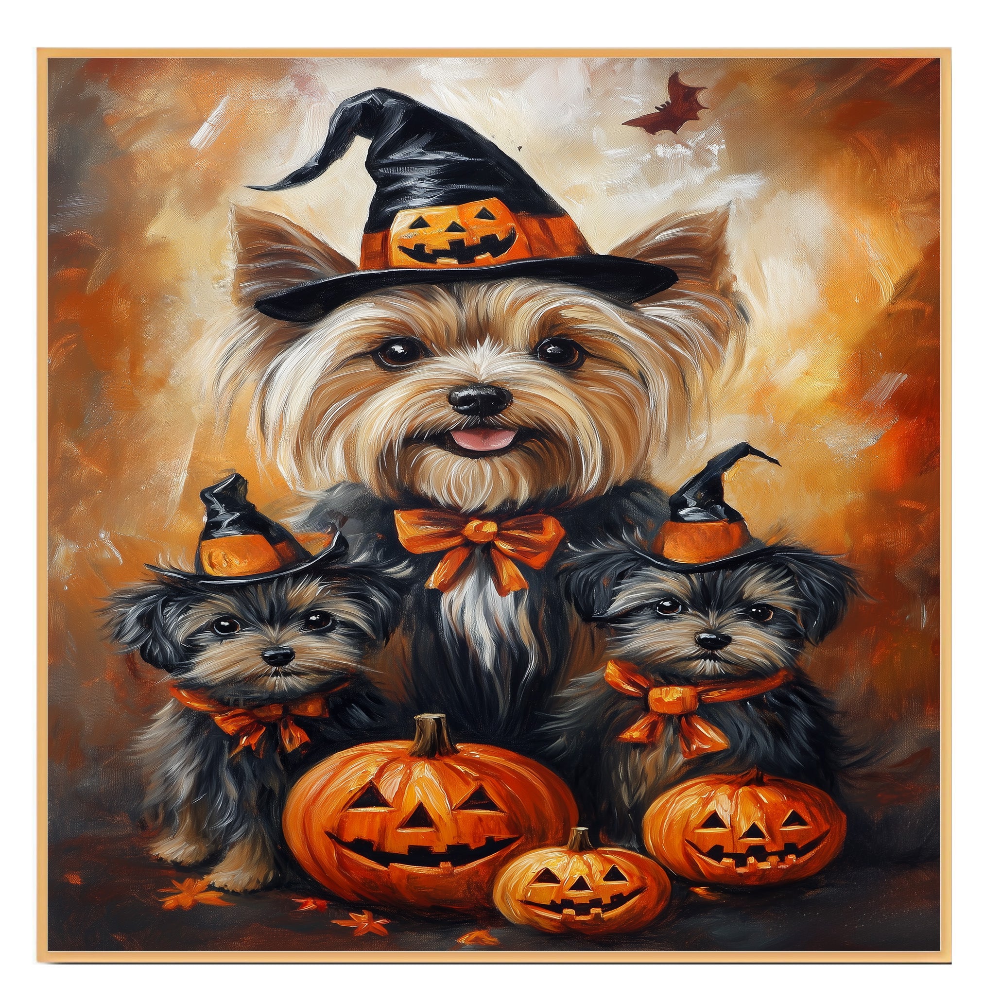 Yorkshire Terrier Dog Halloween Wall Art Rustic Fall Canvas with Pumpkins Witch Hats and Autumn Leaves Farmhouse Pet Decor for Living Room on Ready to Hang 1.5" Thick Canvas Wrap, Floating Framed Canvas, Flat Rolled Canvas