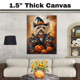 Yorkshire Terrier Dog Halloween Wall Art Rustic Fall Canvas with Pumpkins Witch Hats and Autumn Leaves Farmhouse Pet Decor for Living Room on Ready to Hang 1.5" Thick Canvas Wrap, Floating Framed Canvas, Flat Rolled Canvas