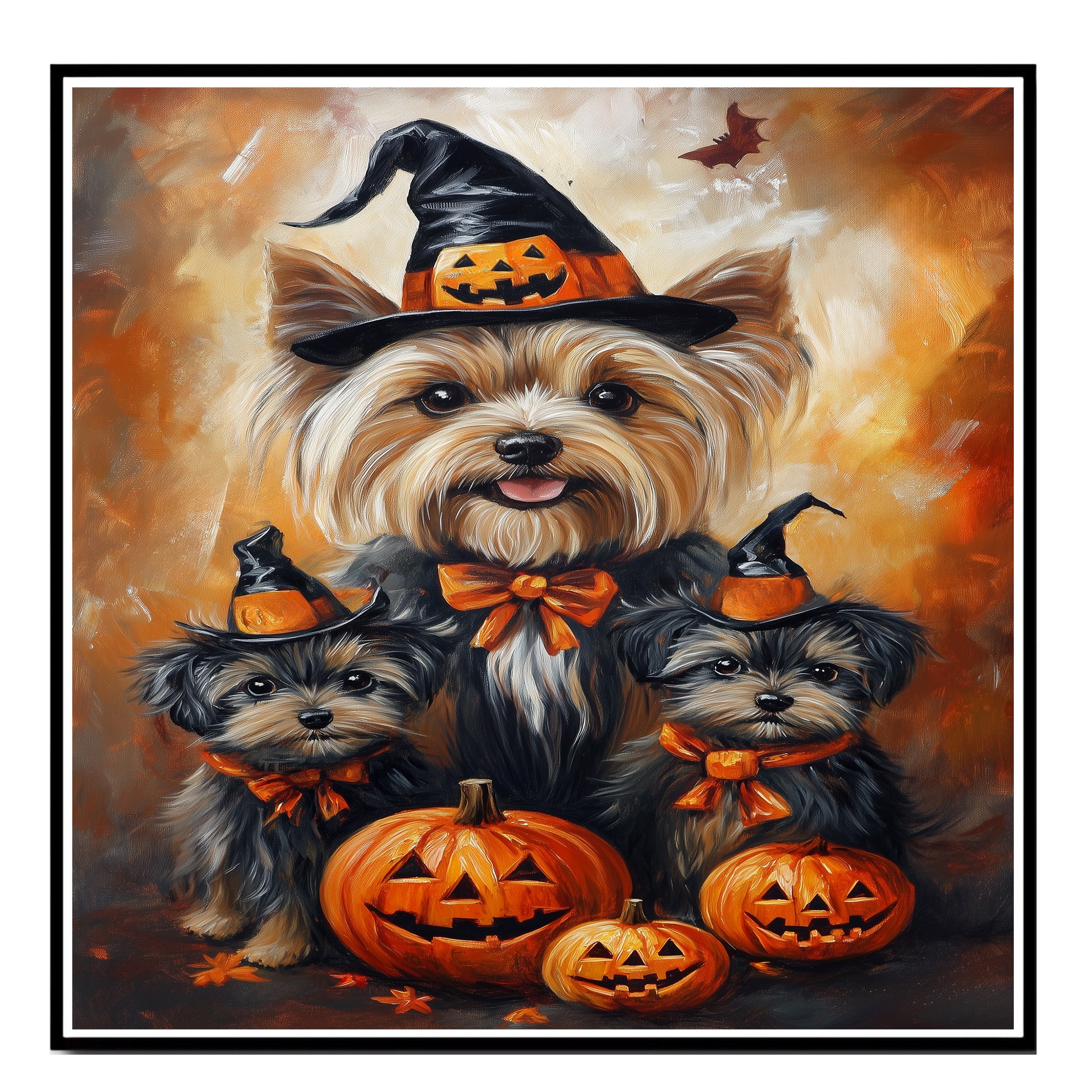 Yorkshire Terrier Dog Halloween Wall Art Rustic Fall Canvas with Pumpkins Witch Hats and Autumn Leaves Farmhouse Pet Decor for Living Room on Ready to Hang 1.5" Thick Canvas Wrap, Floating Framed Canvas, Flat Rolled Canvas