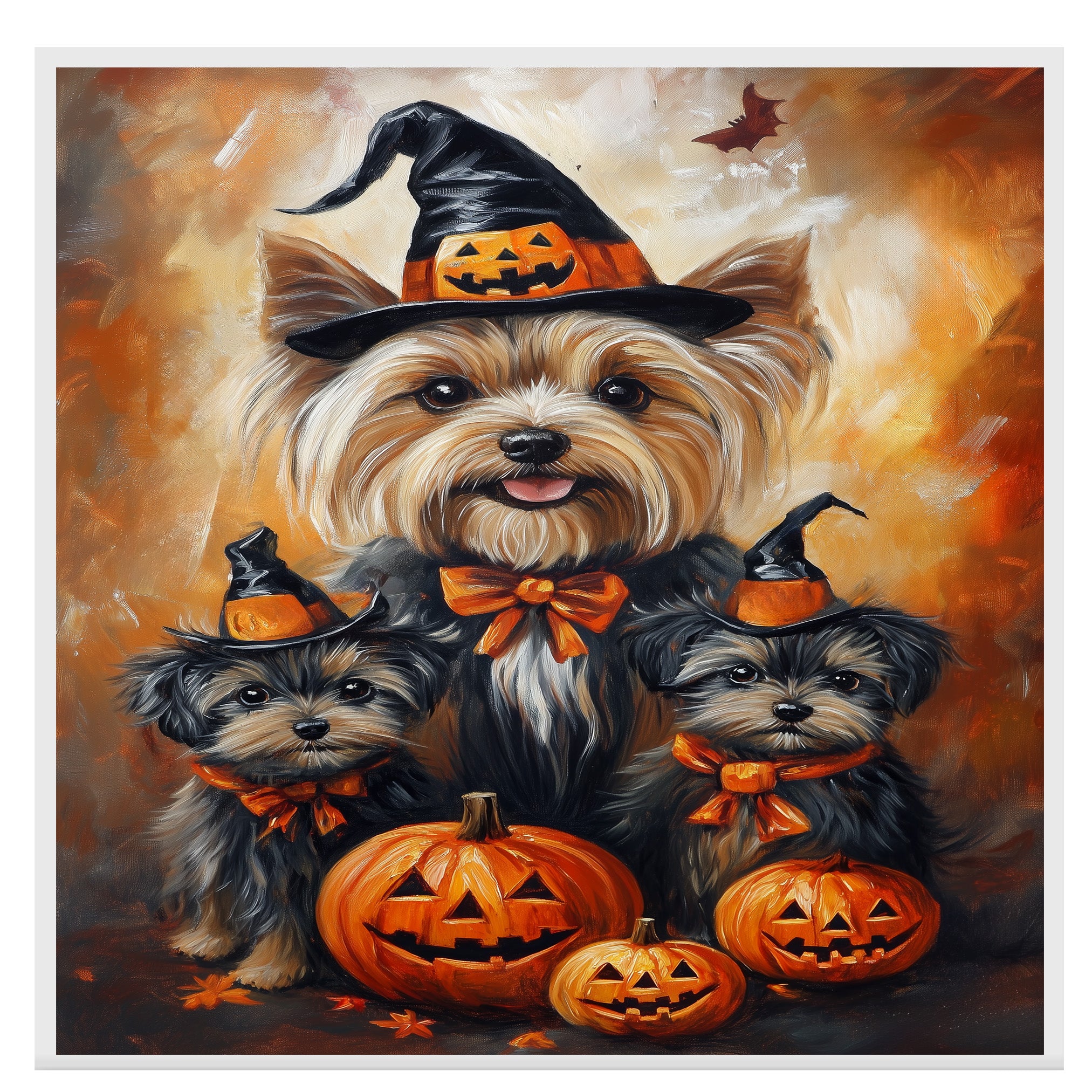 Yorkshire Terrier Dog Halloween Wall Art Rustic Fall Canvas with Pumpkins Witch Hats and Autumn Leaves Farmhouse Pet Decor for Living Room on Ready to Hang 1.5" Thick Canvas Wrap, Floating Framed Canvas, Flat Rolled Canvas
