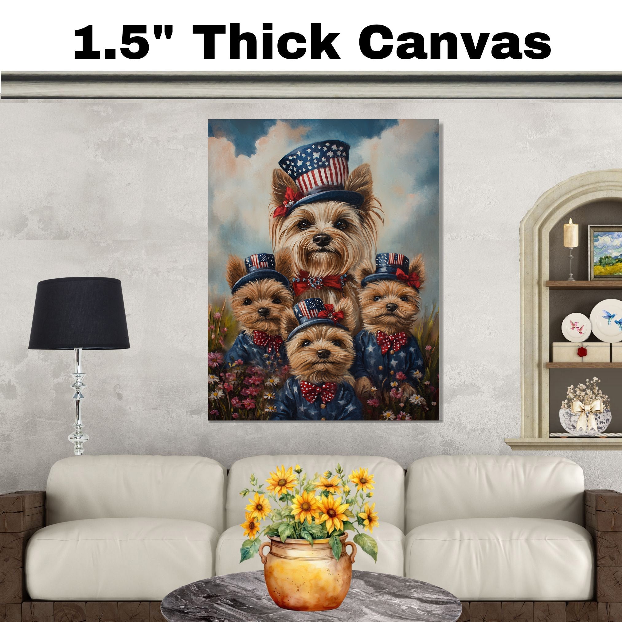 Yorkshire Terrier Dog Family in Patriotic Outfits and Flag Hats with Red Bows for Fourth of July Celebration on Ready to Hang 1.5" Thick Canvas Wrap, Floating Framed Canvas, Flat Rolled Canvas