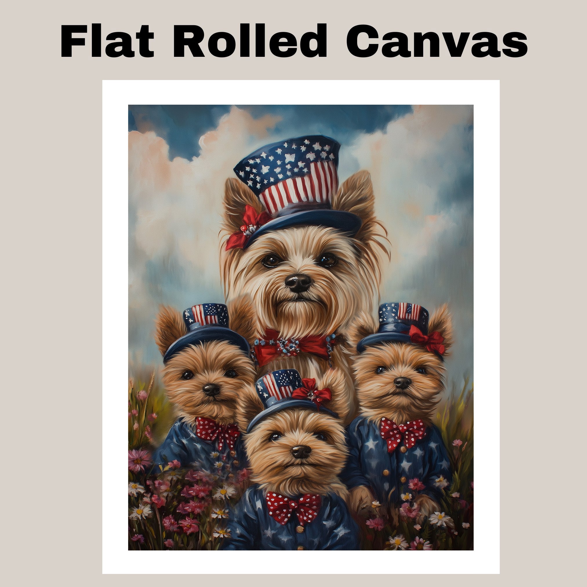 Yorkshire Terrier Dog Family in Patriotic Outfits and Flag Hats with Red Bows for Fourth of July Celebration on Ready to Hang 1.5" Thick Canvas Wrap, Floating Framed Canvas, Flat Rolled Canvas