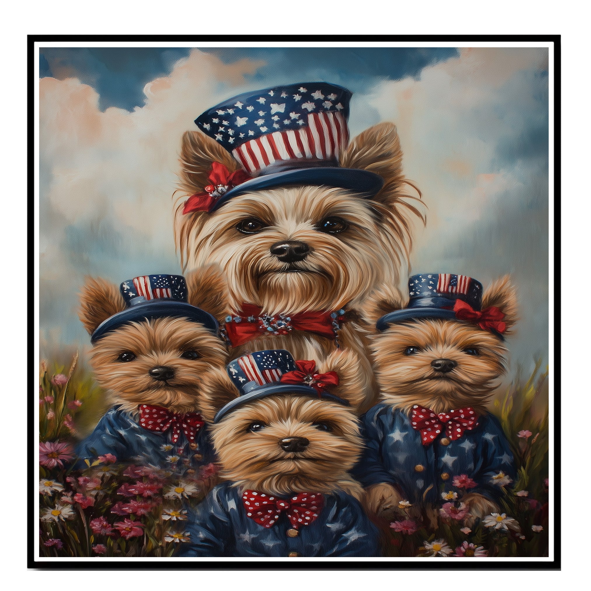 Yorkshire Terrier Dog Family in Patriotic Outfits and Flag Hats with Red Bows for Fourth of July Celebration on Ready to Hang 1.5" Thick Canvas Wrap, Floating Framed Canvas, Flat Rolled Canvas