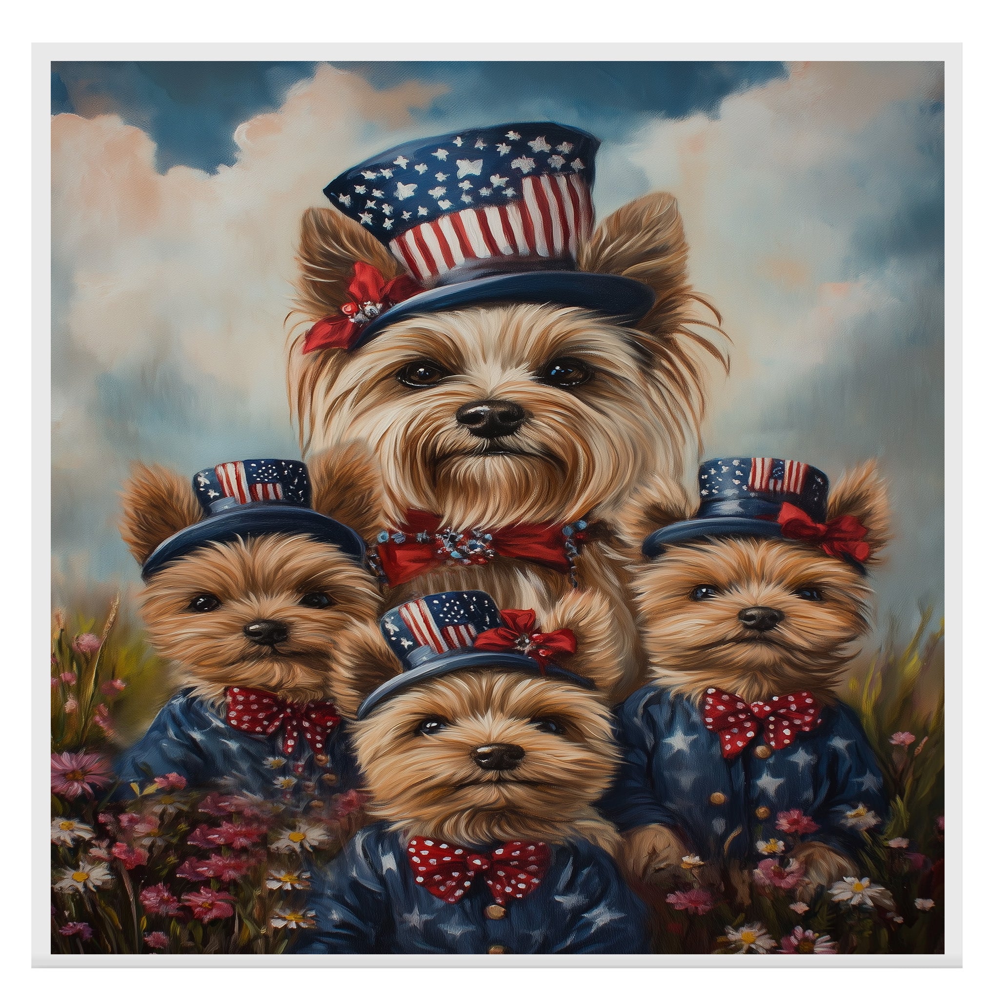 Yorkshire Terrier Dog Family in Patriotic Outfits and Flag Hats with Red Bows for Fourth of July Celebration on Ready to Hang 1.5" Thick Canvas Wrap, Floating Framed Canvas, Flat Rolled Canvas
