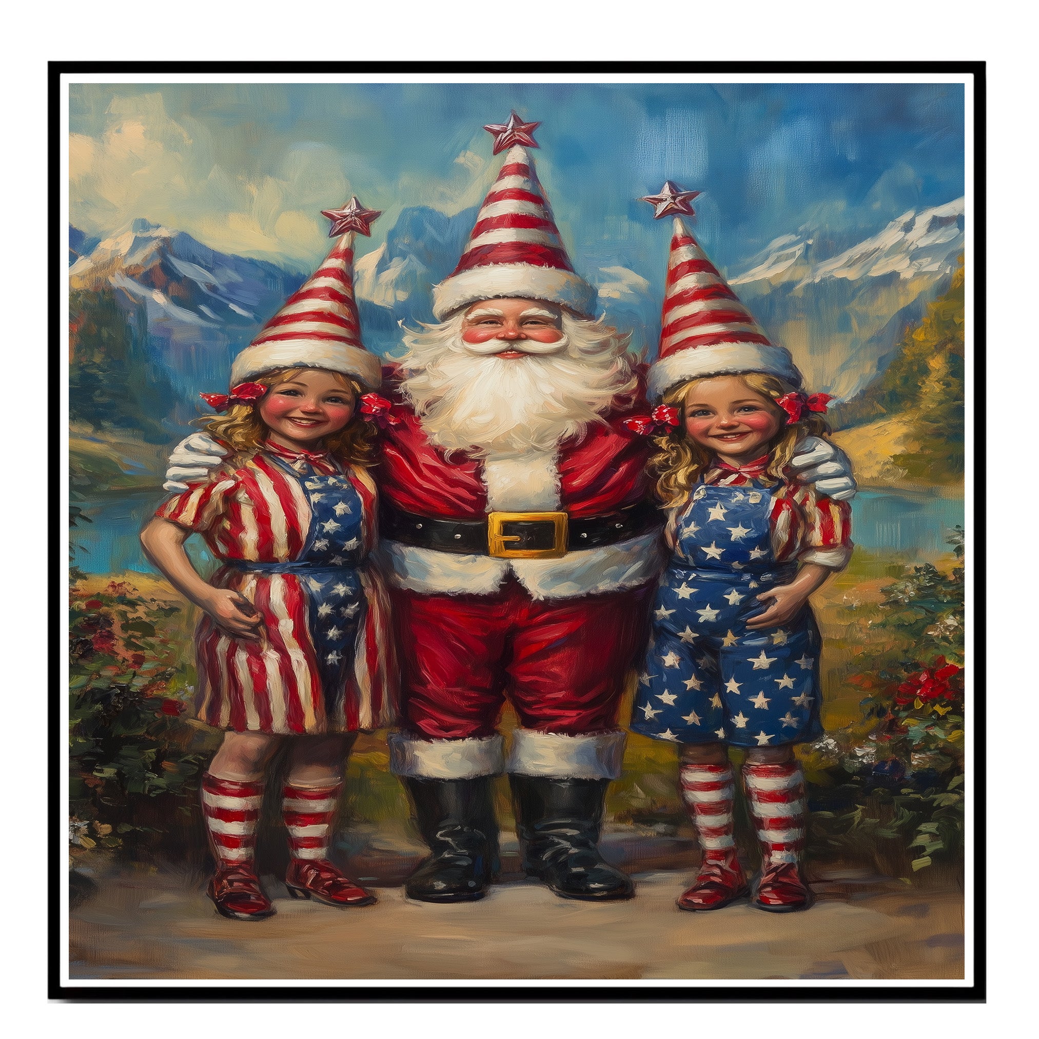 Santa Claus with Patriotic Elves in Red White and Blue Outfits with Star Hats for Fourth of July Festive Artwork on Ready to Hang 1.5" Thick Canvas Wrap, Floating Framed Canvas, Flat Rolled Canvas