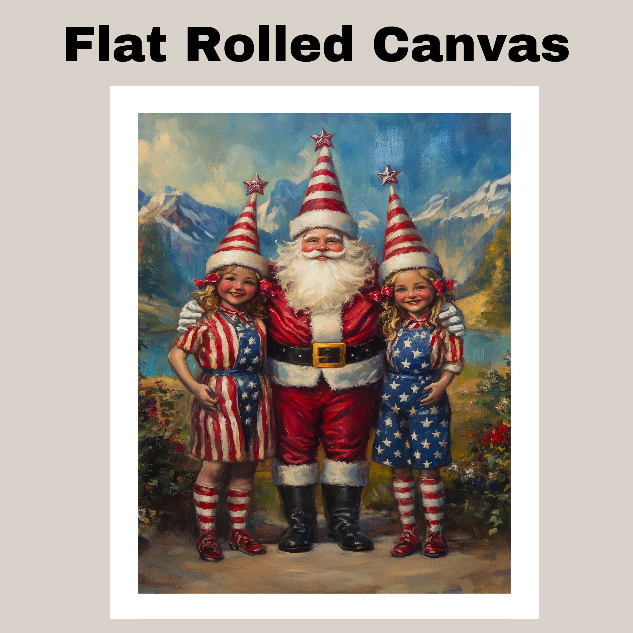 Santa Claus with Patriotic Elves in Red White and Blue Outfits with Star Hats for Fourth of July Festive Artwork on Ready to Hang 1.5" Thick Canvas Wrap, Floating Framed Canvas, Flat Rolled Canvas
