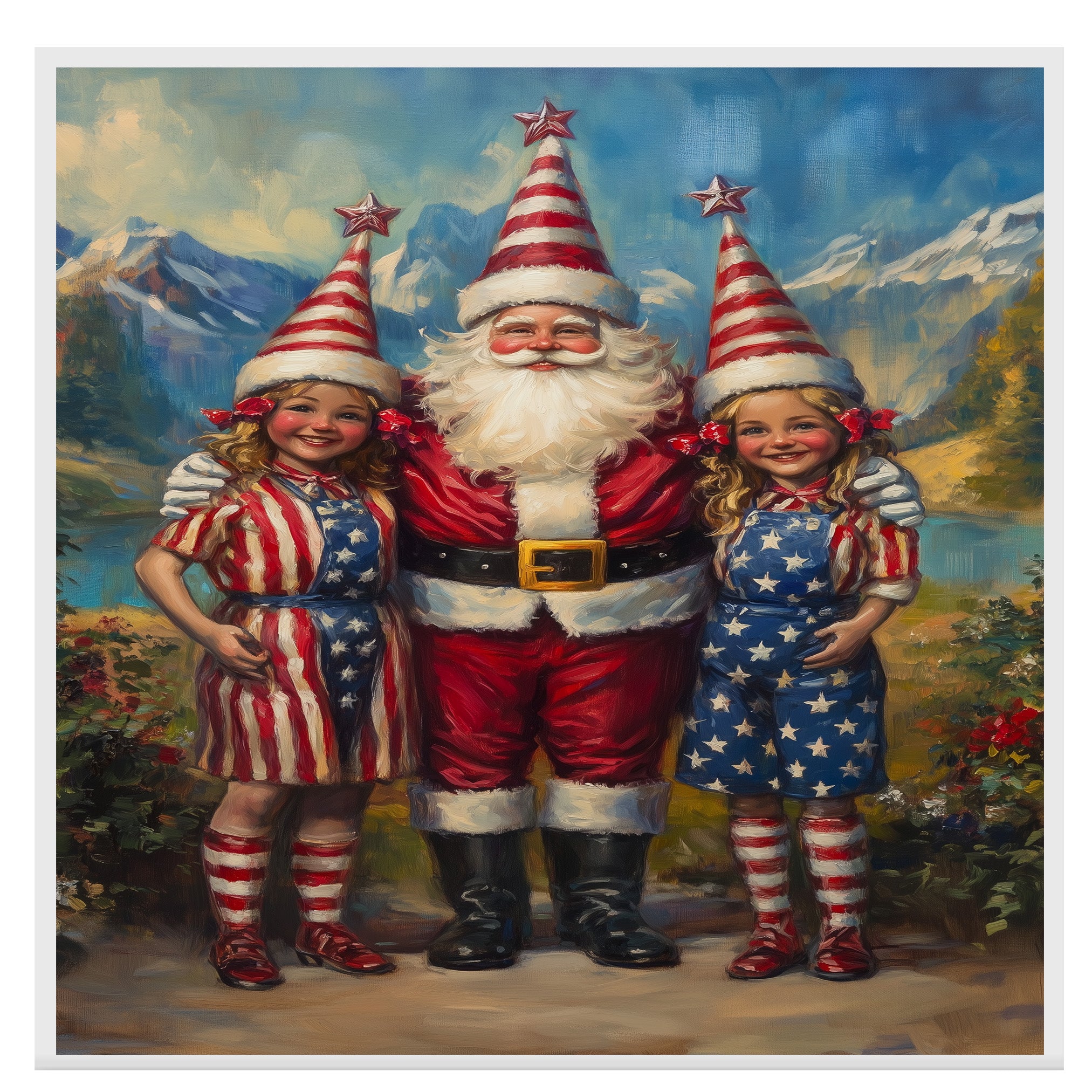 Santa Claus with Patriotic Elves in Red White and Blue Outfits with Star Hats for Fourth of July Festive Artwork on Ready to Hang 1.5" Thick Canvas Wrap, Floating Framed Canvas, Flat Rolled Canvas