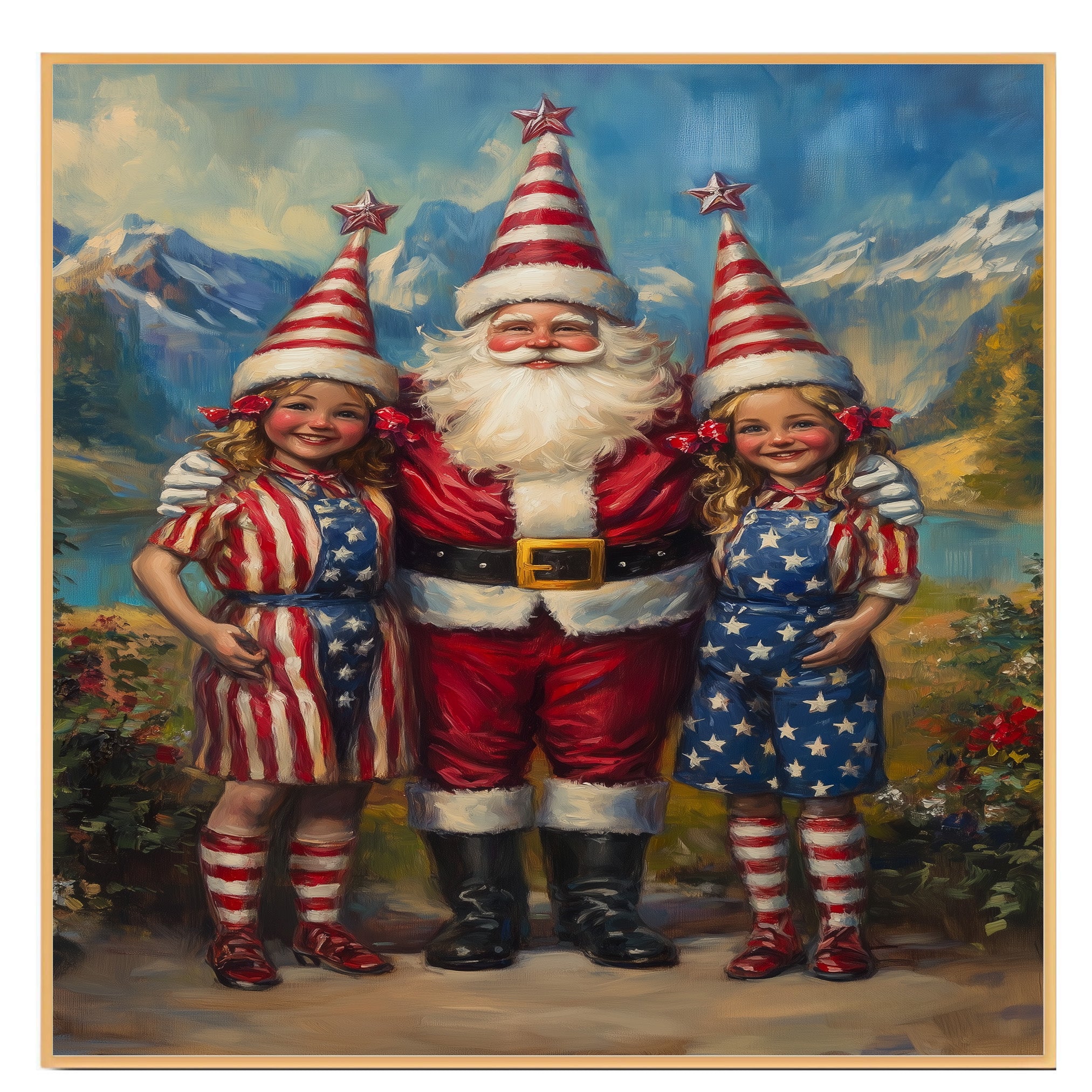 Santa Claus with Patriotic Elves in Red White and Blue Outfits with Star Hats for Fourth of July Festive Artwork on Ready to Hang 1.5" Thick Canvas Wrap, Floating Framed Canvas, Flat Rolled Canvas
