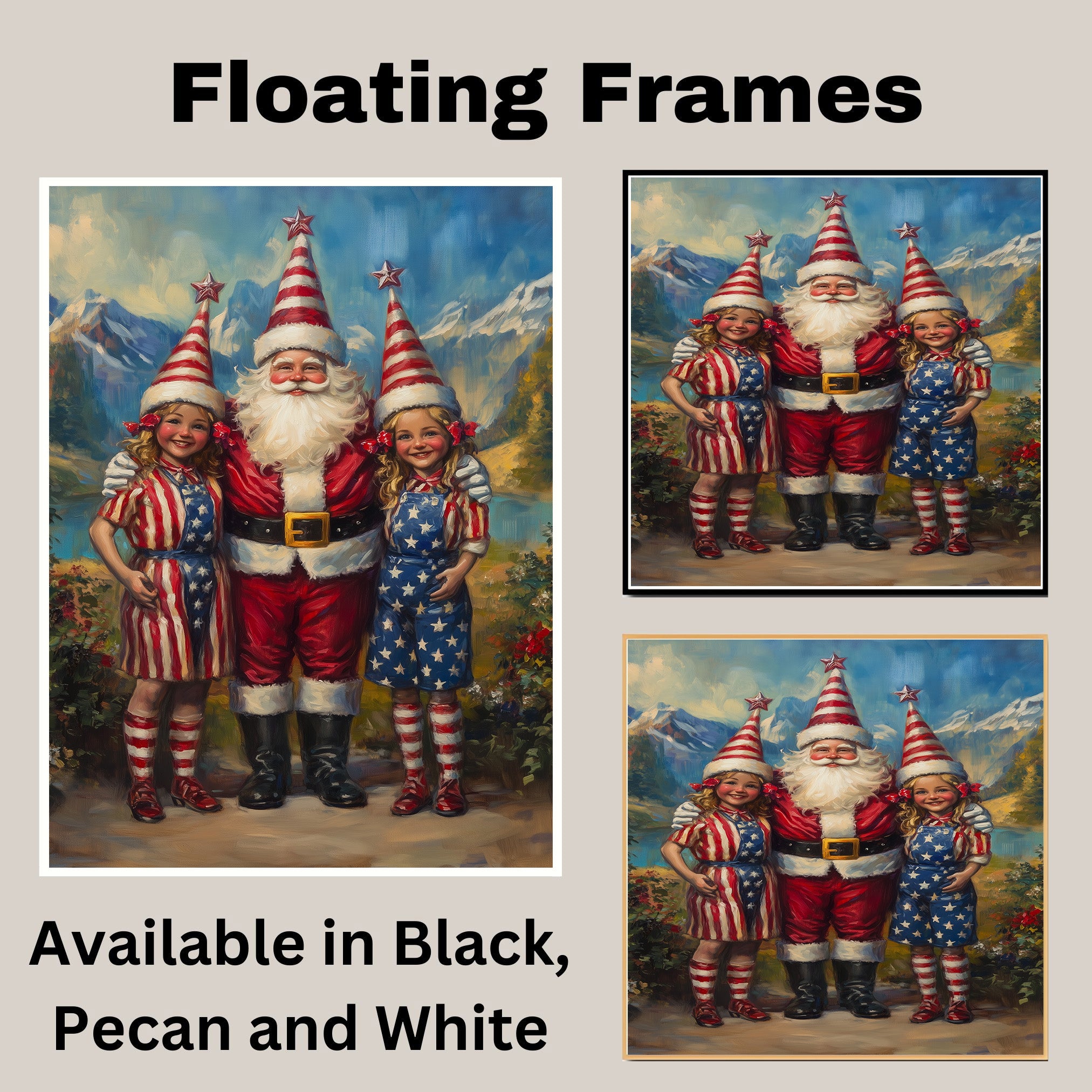Santa Claus with Patriotic Elves in Red White and Blue Outfits with Star Hats for Fourth of July Festive Artwork on Ready to Hang 1.5" Thick Canvas Wrap, Floating Framed Canvas, Flat Rolled Canvas