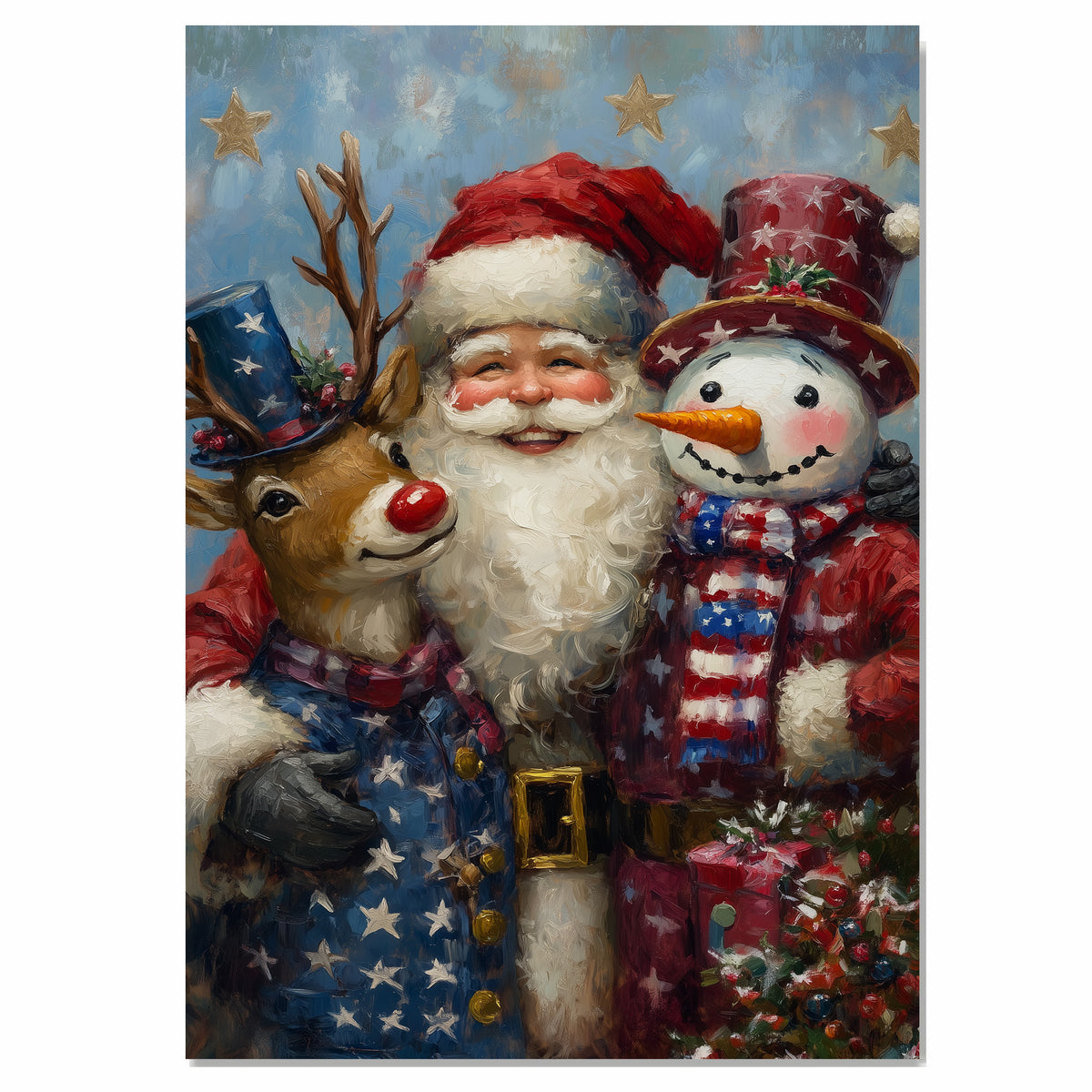 Santa with Rudolph and Snowman in Patriotic Outfits with Stars and Stripes for Festive Fourth of July Celebration Art on Ready to Hang 1.5" Thick Canvas Wrap, Floating Framed Canvas, Flat Rolled Canvas