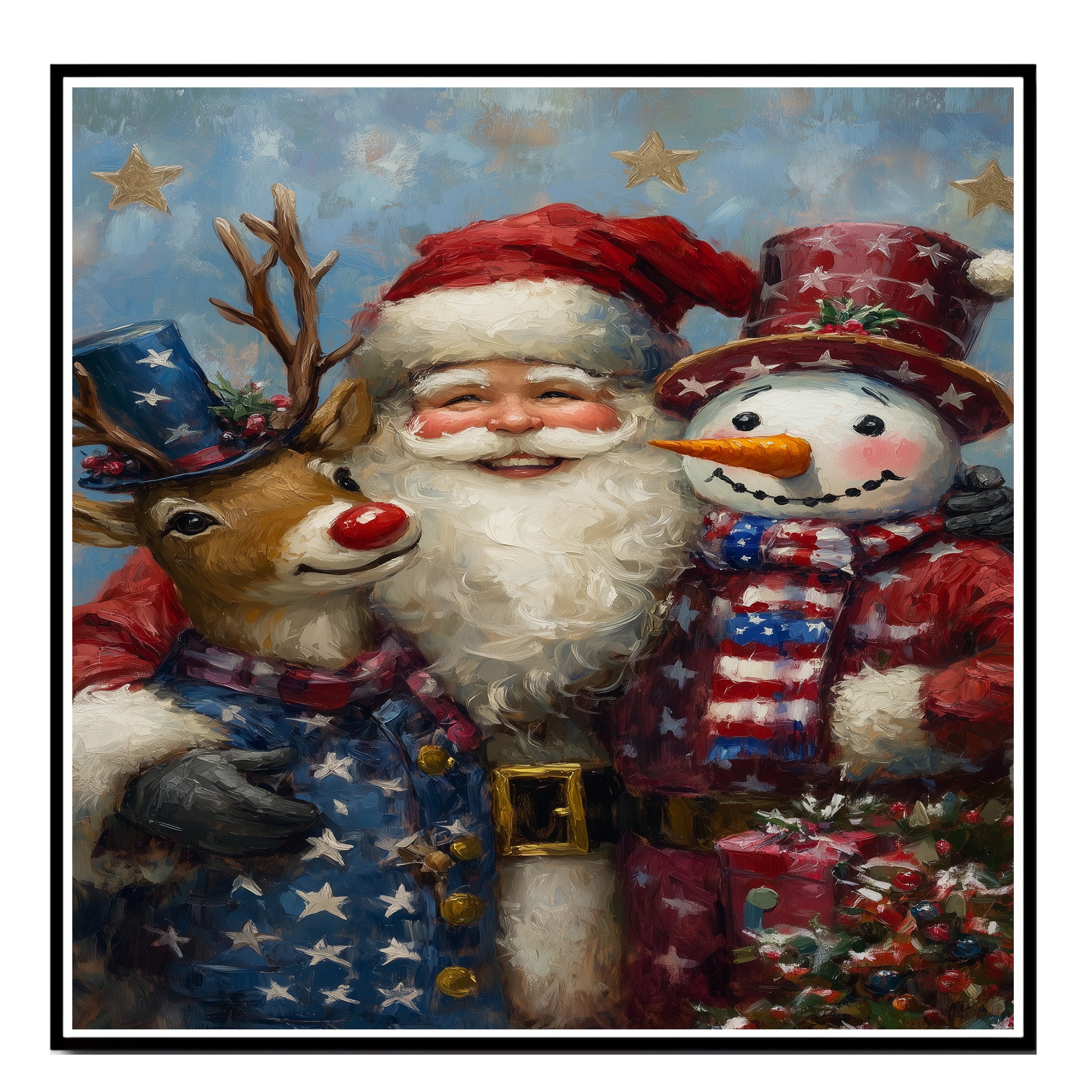 Santa with Rudolph and Snowman in Patriotic Outfits with Stars and Stripes for Festive Fourth of July Celebration Art on Ready to Hang 1.5" Thick Canvas Wrap, Floating Framed Canvas, Flat Rolled Canvas