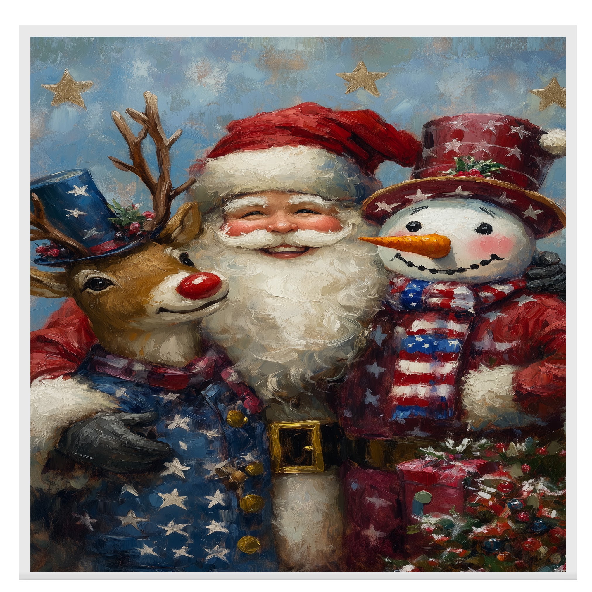 Santa with Rudolph and Snowman in Patriotic Outfits with Stars and Stripes for Festive Fourth of July Celebration Art on Ready to Hang 1.5" Thick Canvas Wrap, Floating Framed Canvas, Flat Rolled Canvas