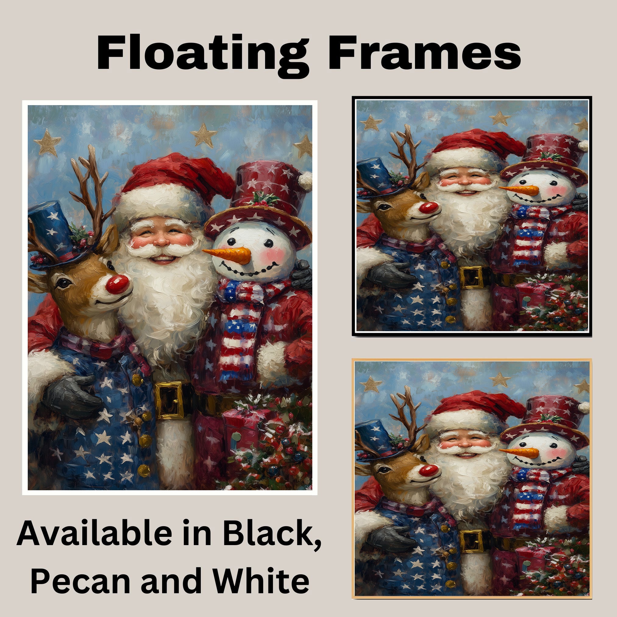 Santa with Rudolph and Snowman in Patriotic Outfits with Stars and Stripes for Festive Fourth of July Celebration Art on Ready to Hang 1.5" Thick Canvas Wrap, Floating Framed Canvas, Flat Rolled Canvas
