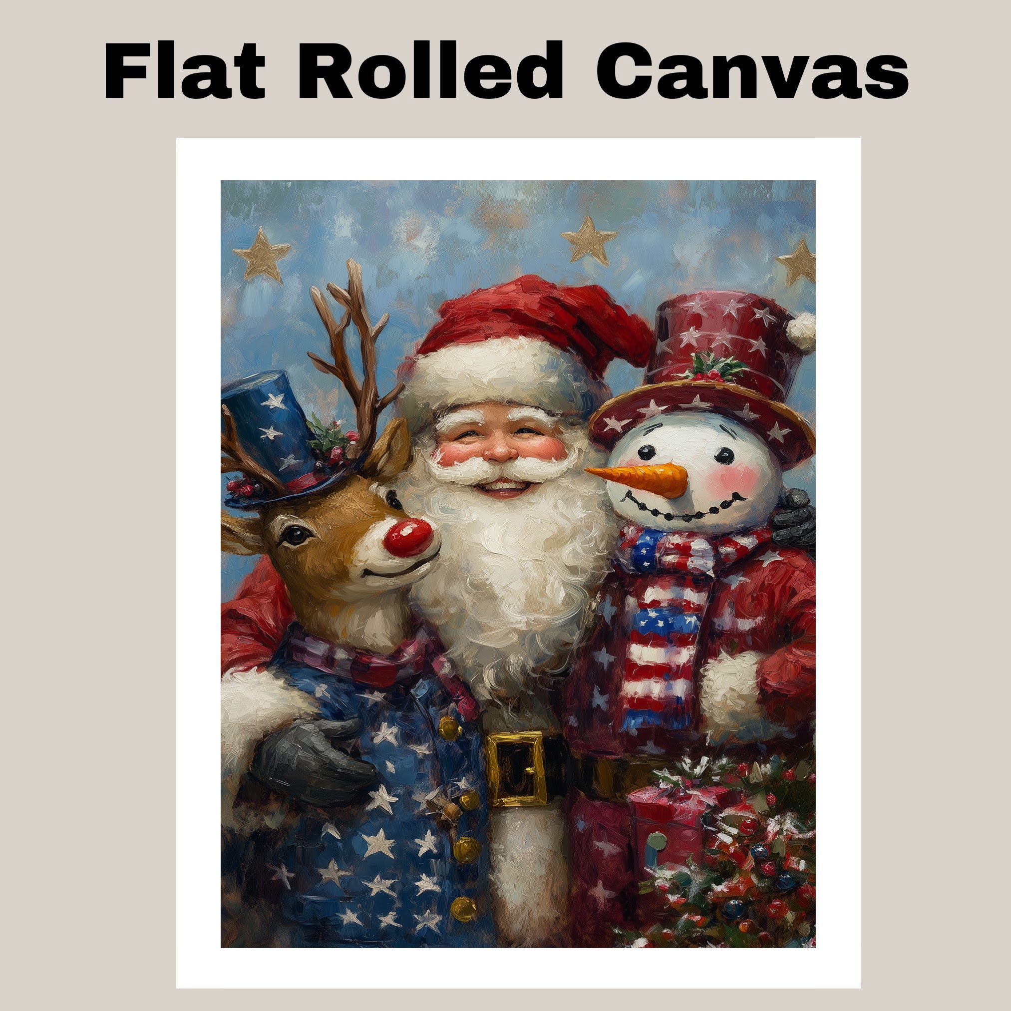 Santa with Rudolph and Snowman in Patriotic Outfits with Stars and Stripes for Festive Fourth of July Celebration Art on Ready to Hang 1.5" Thick Canvas Wrap, Floating Framed Canvas, Flat Rolled Canvas