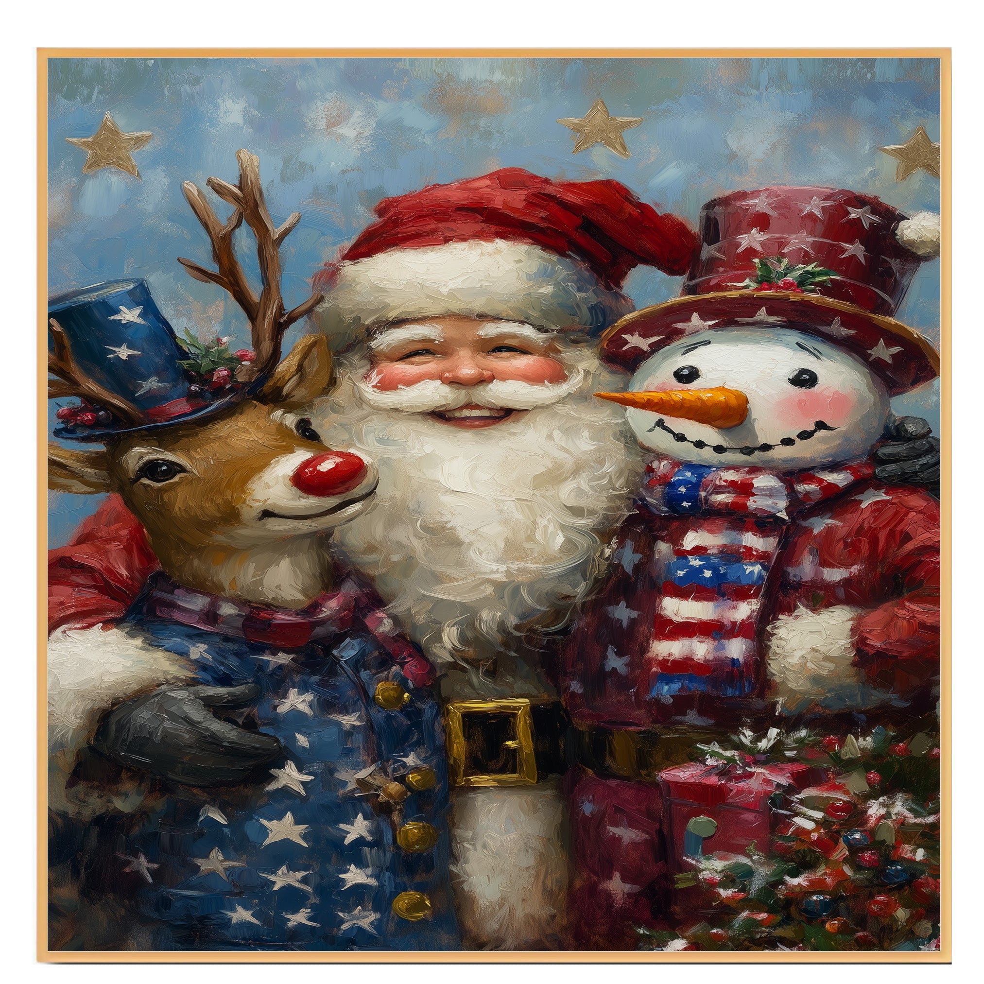 Santa with Rudolph and Snowman in Patriotic Outfits with Stars and Stripes for Festive Fourth of July Celebration Art on Ready to Hang 1.5" Thick Canvas Wrap, Floating Framed Canvas, Flat Rolled Canvas