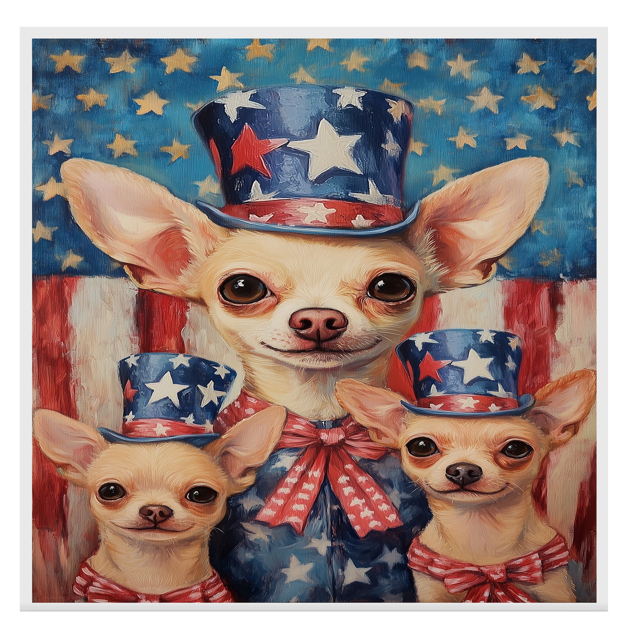 Chihuahua Family in Patriotic Outfits with Stars and Stripes for Fourth of July Americana Celebration Art on Ready to Hang 1.5" Thick Canvas Wrap, Floating Framed Canvas, Flat Rolled Canvas