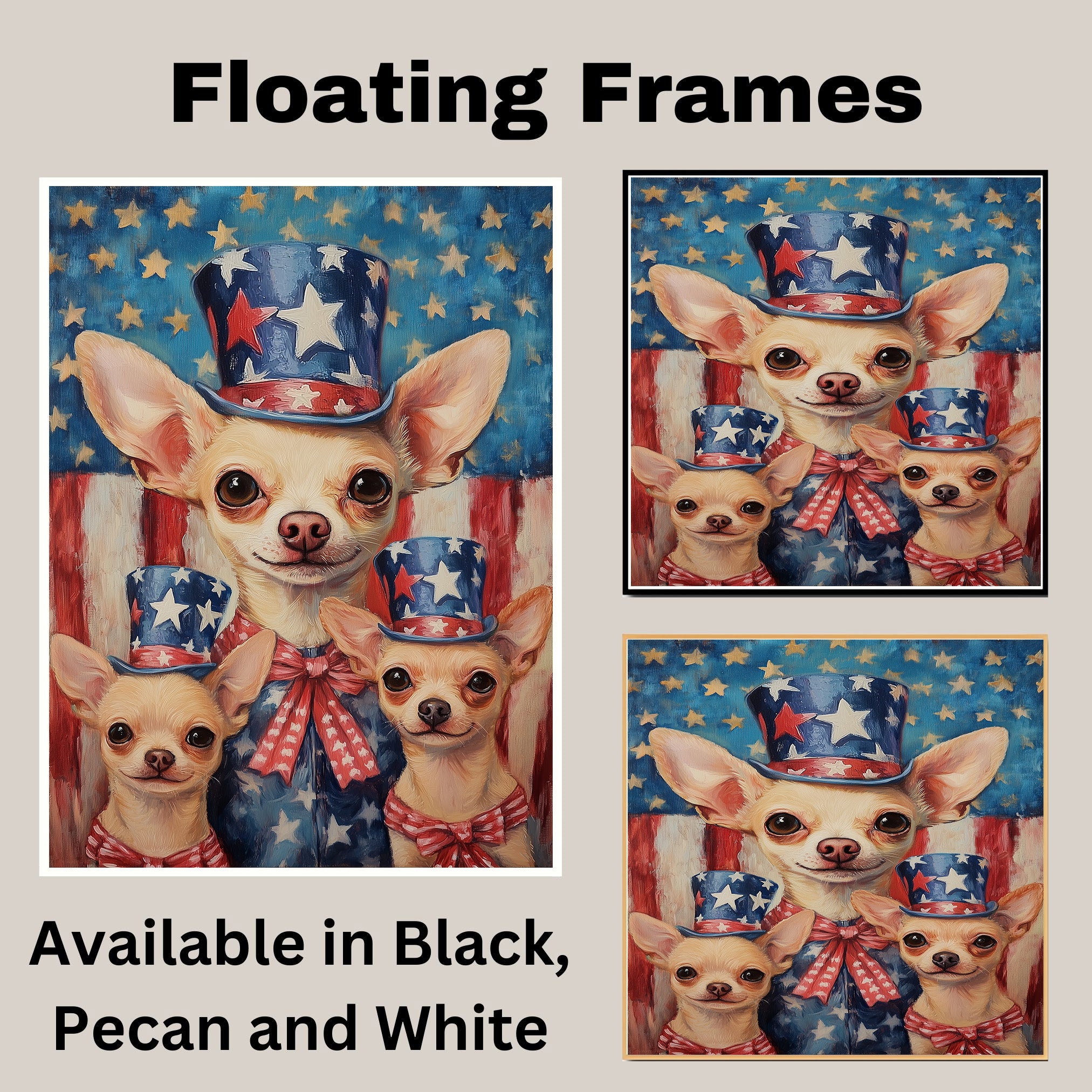 Chihuahua Family in Patriotic Outfits with Stars and Stripes for Fourth of July Americana Celebration Art on Ready to Hang 1.5" Thick Canvas Wrap, Floating Framed Canvas, Flat Rolled Canvas