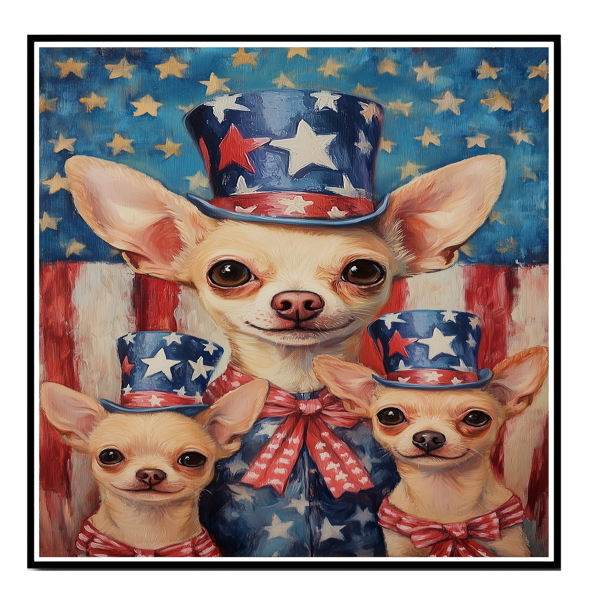 Chihuahua Family in Patriotic Outfits with Stars and Stripes for Fourth of July Americana Celebration Art on Ready to Hang 1.5" Thick Canvas Wrap, Floating Framed Canvas, Flat Rolled Canvas