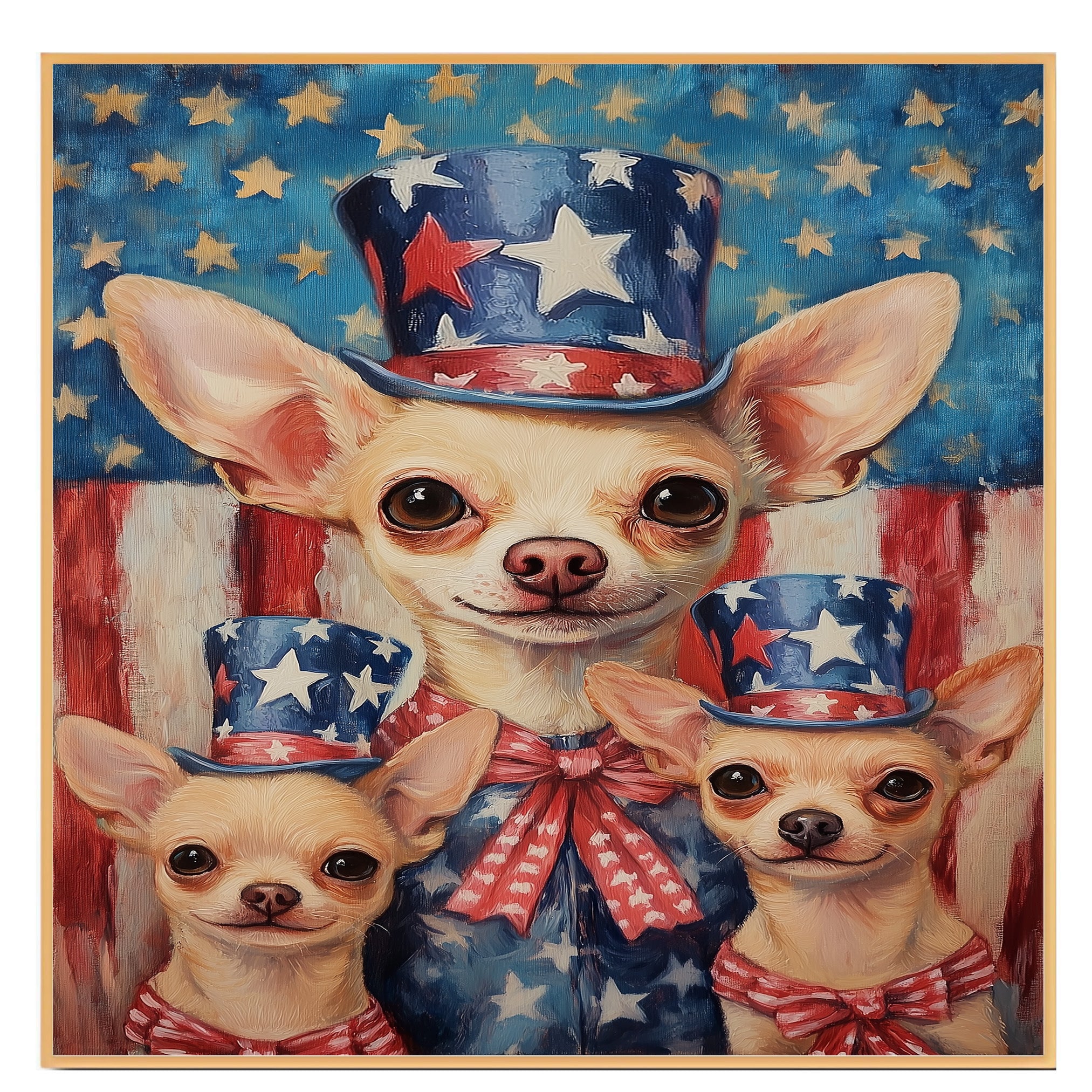 Chihuahua Family in Patriotic Outfits with Stars and Stripes for Fourth of July Americana Celebration Art on Ready to Hang 1.5" Thick Canvas Wrap, Floating Framed Canvas, Flat Rolled Canvas