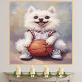 American Eskimo Dog Basketball Wall Art Sports Dog Artwork for Boys Room & Game Room Decor – Ready to Hang Canvas Wrap, Floating Frame or Rolled Canvas