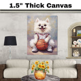 American Eskimo Dog Basketball Wall Art Sports Dog Artwork for Boys Room & Game Room Decor – Ready to Hang Canvas Wrap, Floating Frame or Rolled Canvas
